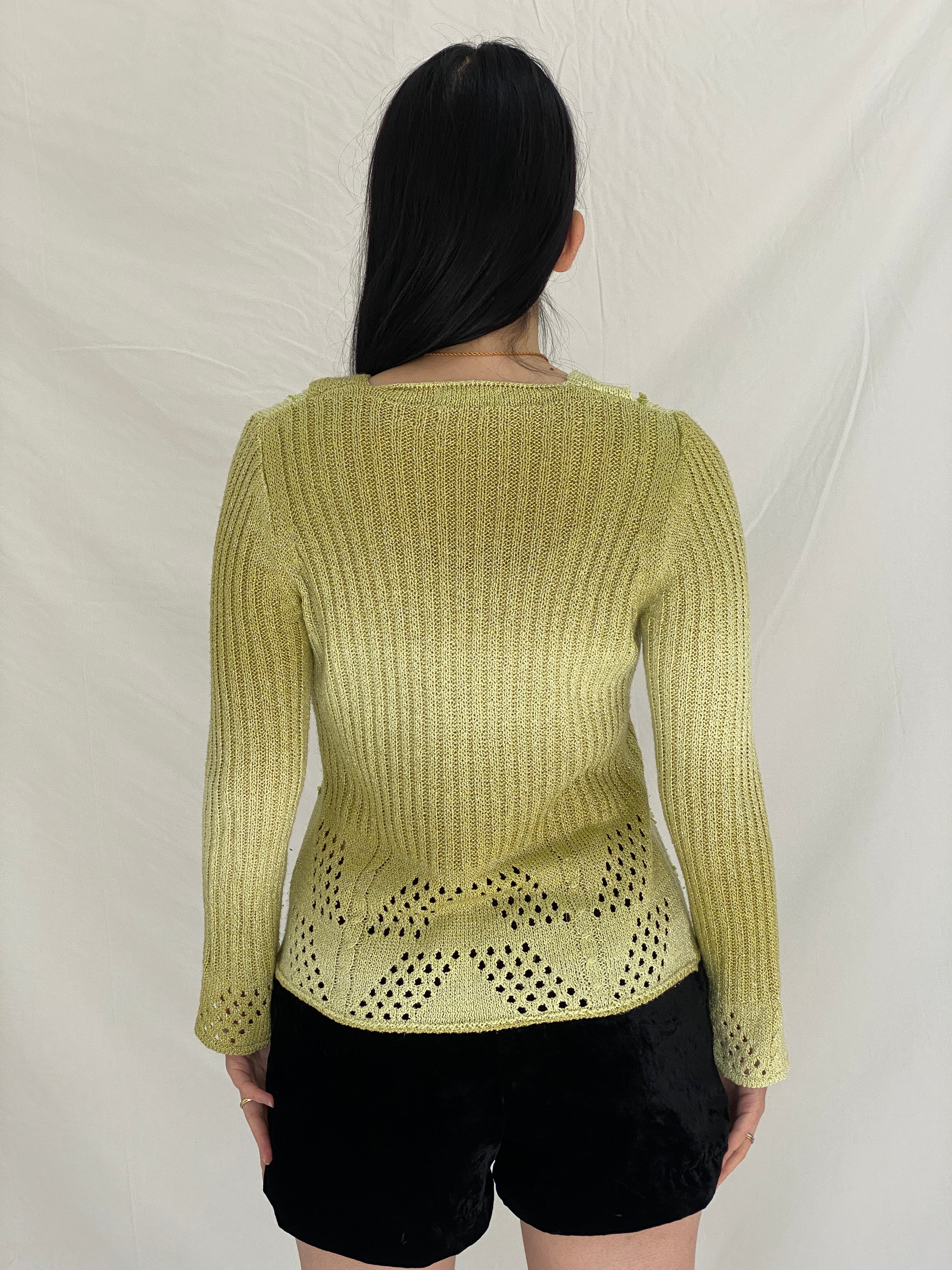 Vintage Y2K Motif Knitted Beaded Full Sleeve Top in Pistachio Green - M