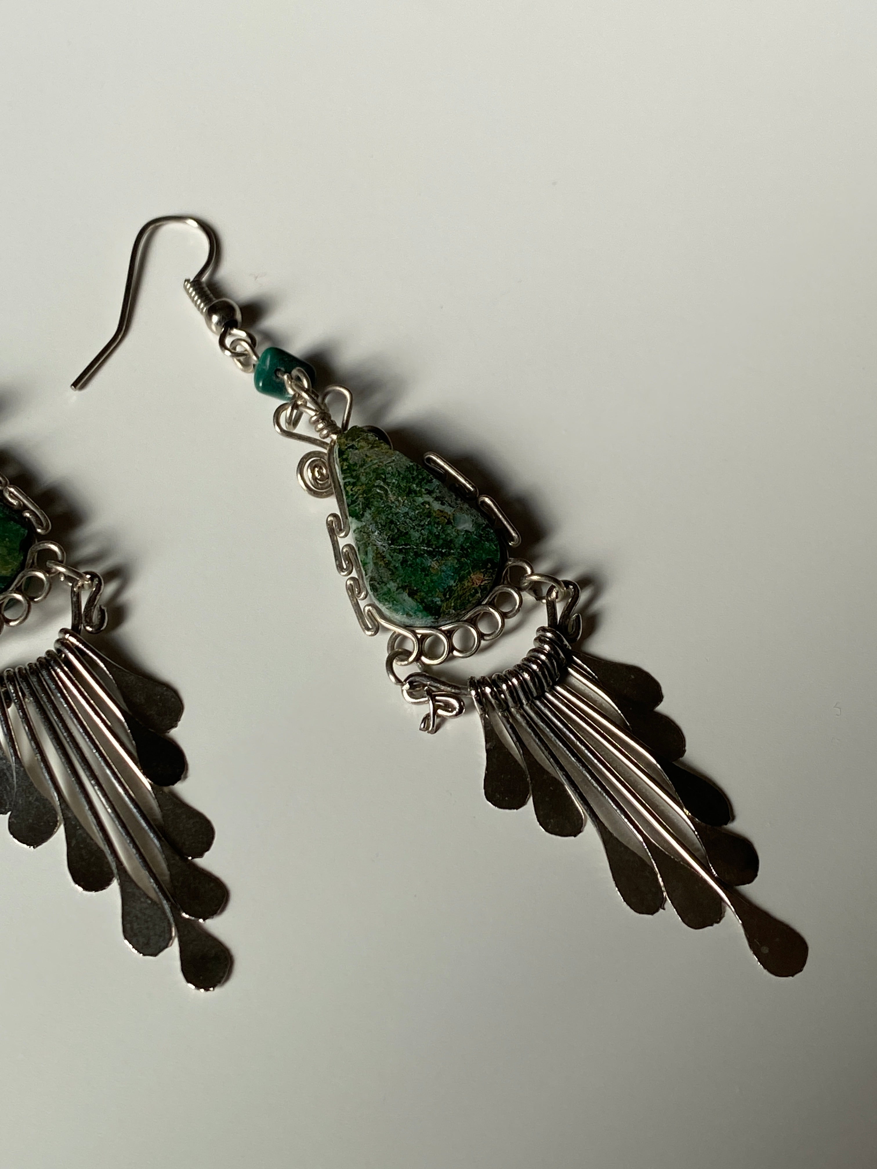 Artisan Wire-Wrapped Stone Drop Earrings – Green Turquoise-Tone with Silver Fringe Dangles