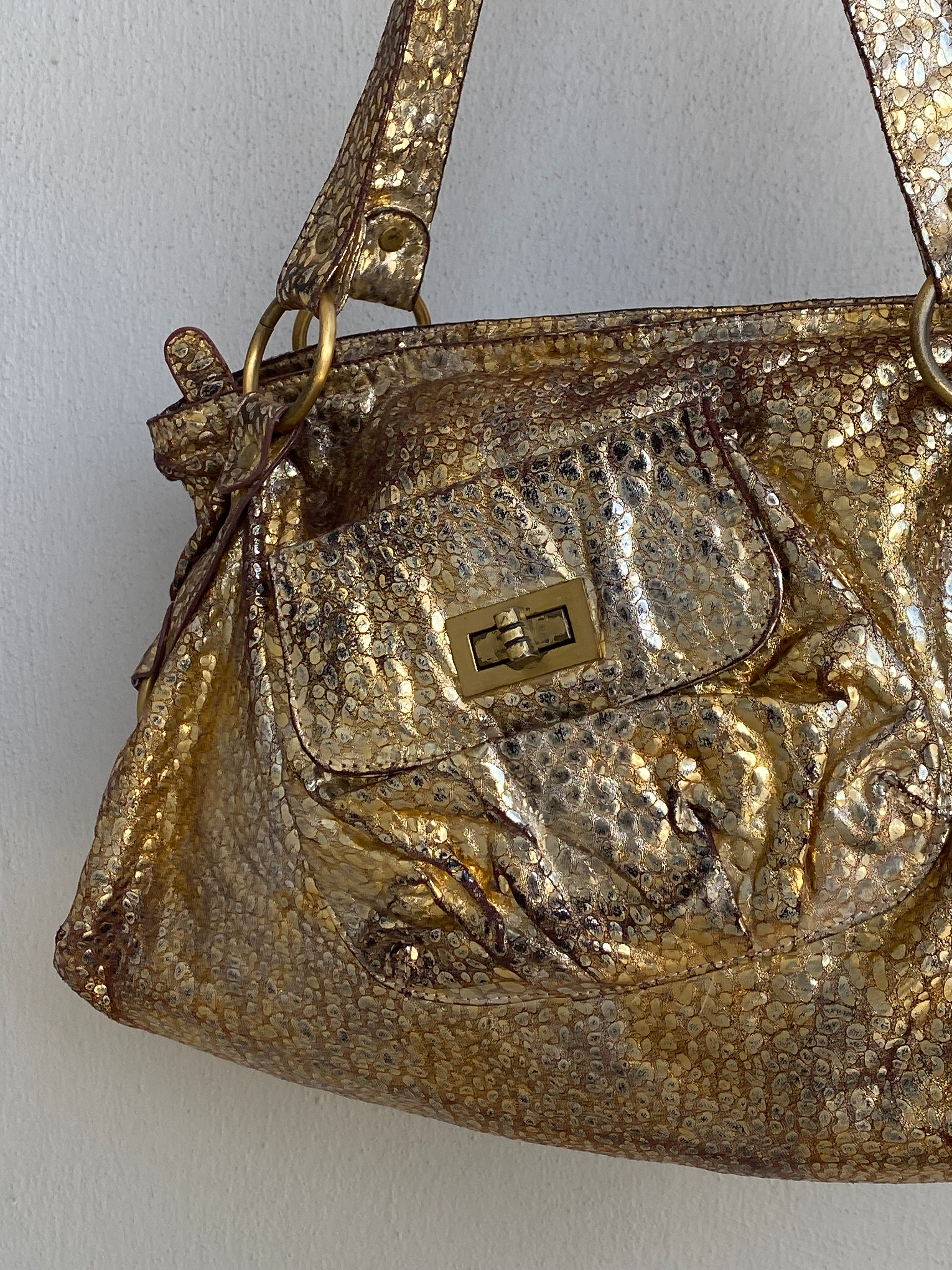 Vintage Y2K Metallic Gold Faux Snakeskin Shoulder Bag