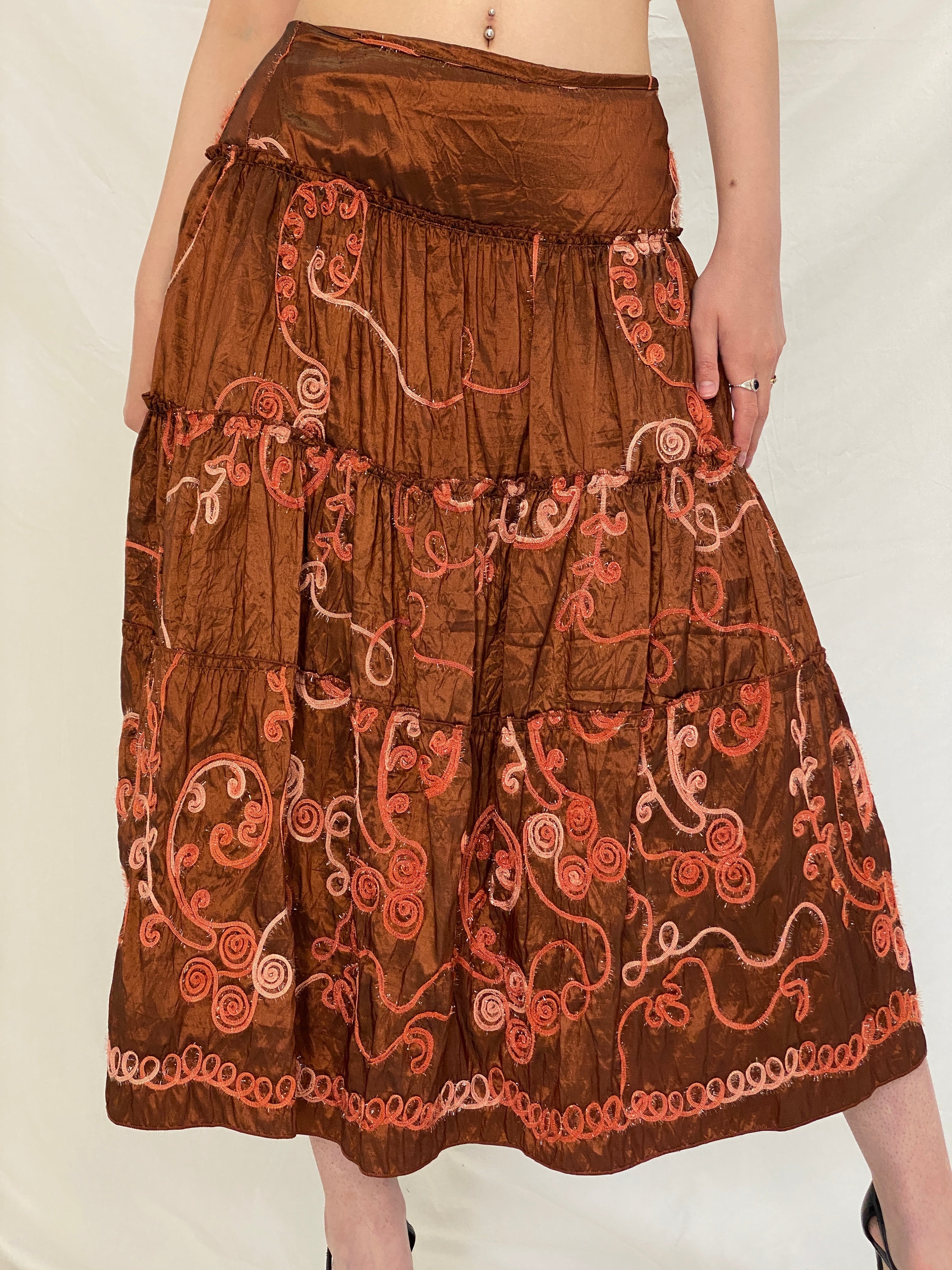 Vintage Over 16 Embroidered Metallic Brown Wrap Halter Top & Tiered Midi Skirt Co-ord Set - M