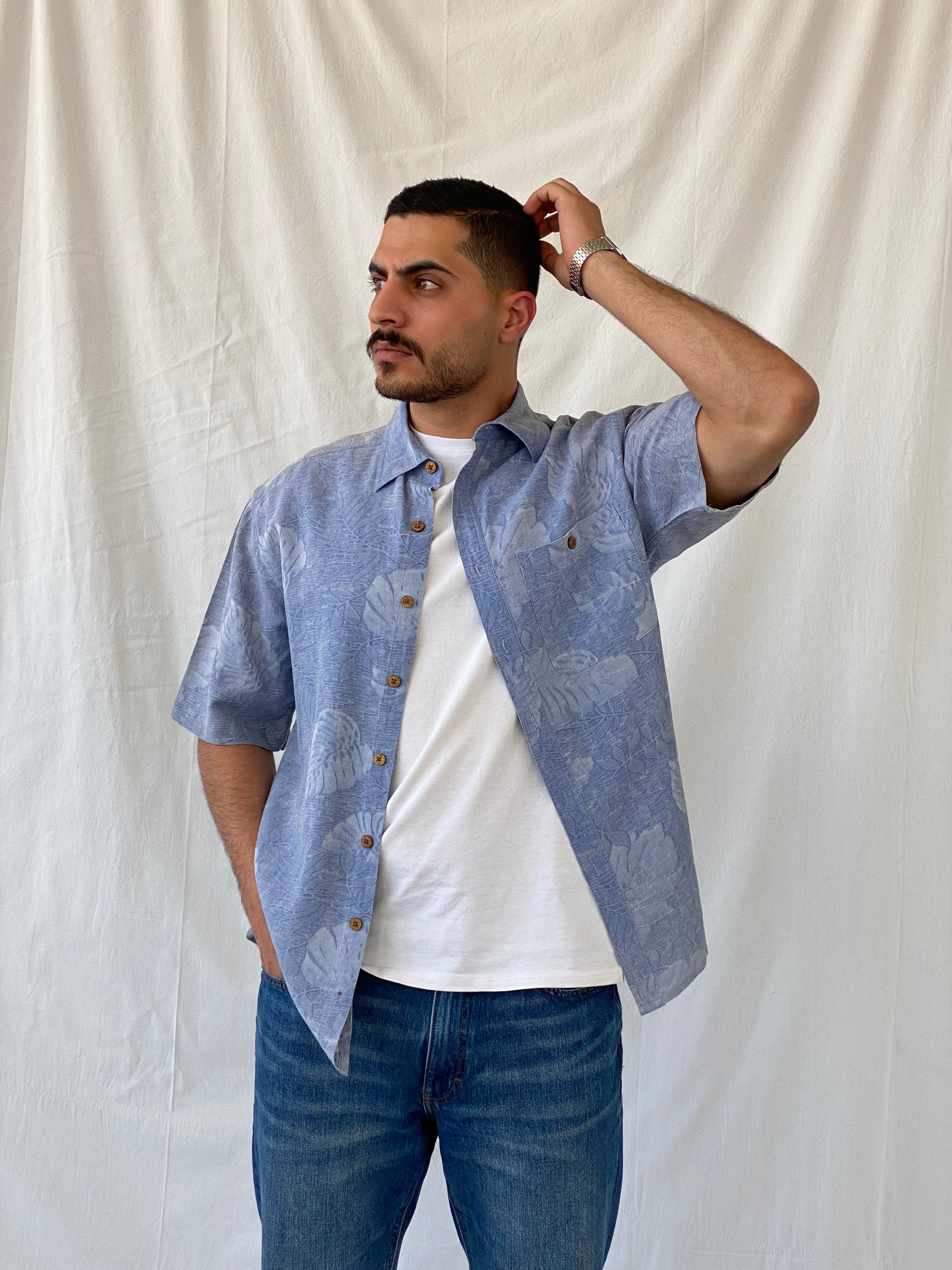 Island Republic Floral Blue Hawaiian Men’s Short Sleeve Silk Shirt - L