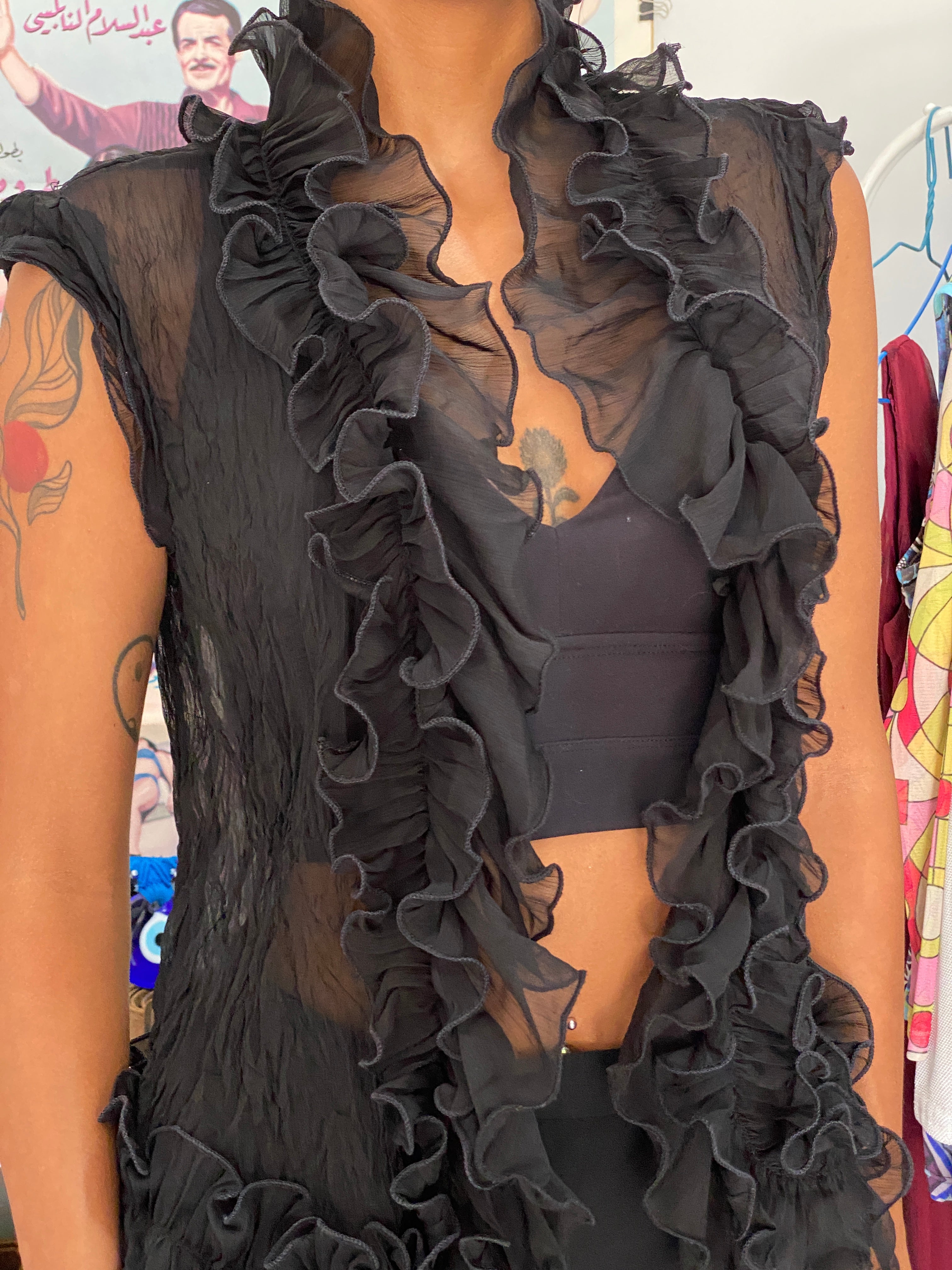 Y2K Emilie Black Sheer Sleeveless Ruffle Cardigan Chiffon Overlay – S