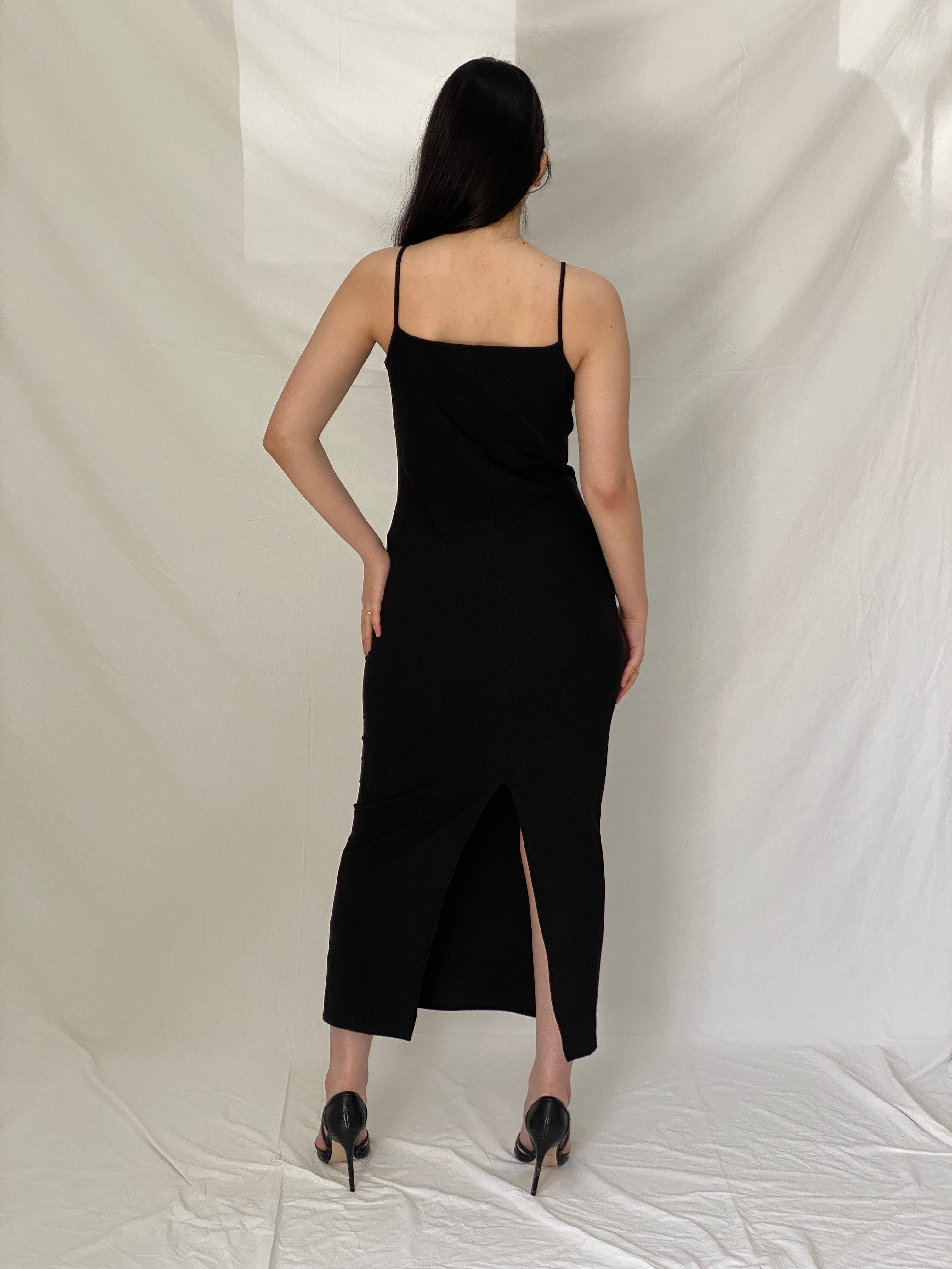 Vintage Y2K Black Minimal Maxi Slip Dress with Fringe Detail - S