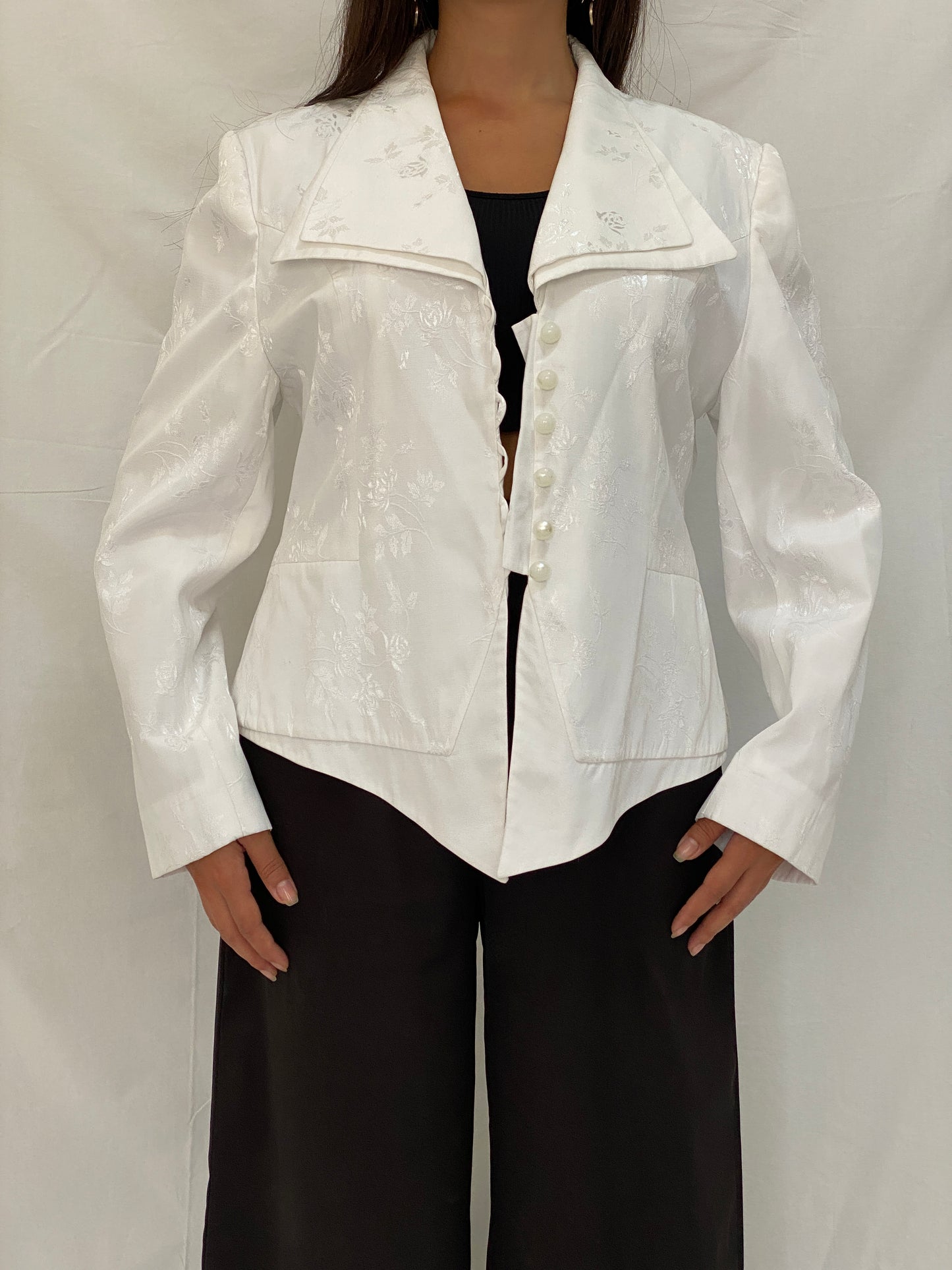 Vintage Allíson-ché Paris White Floral Satin Blazer Bridalcore Statement Jacket - L