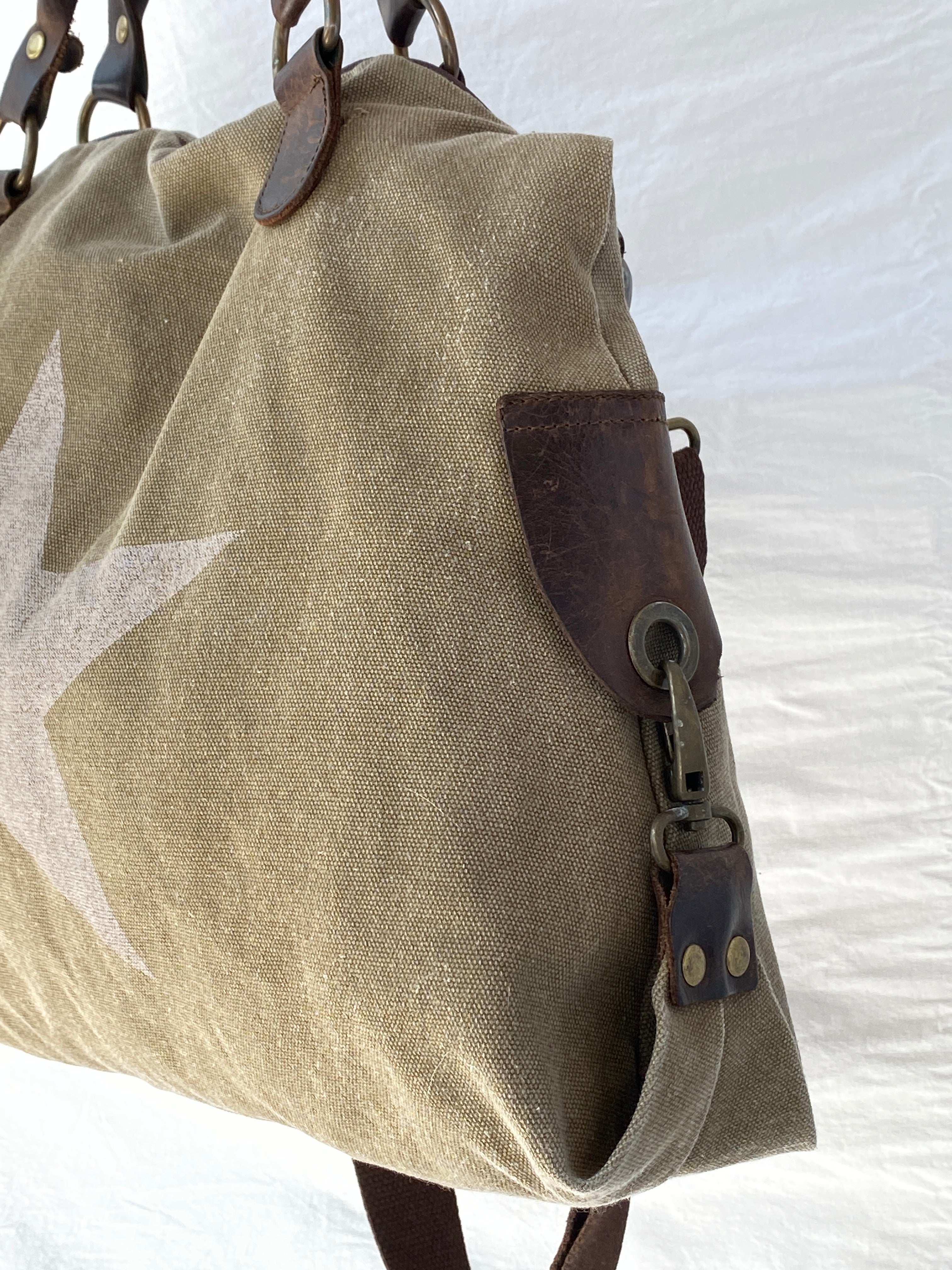 Vintage Genuine Leather Star Canvas Tote Bag