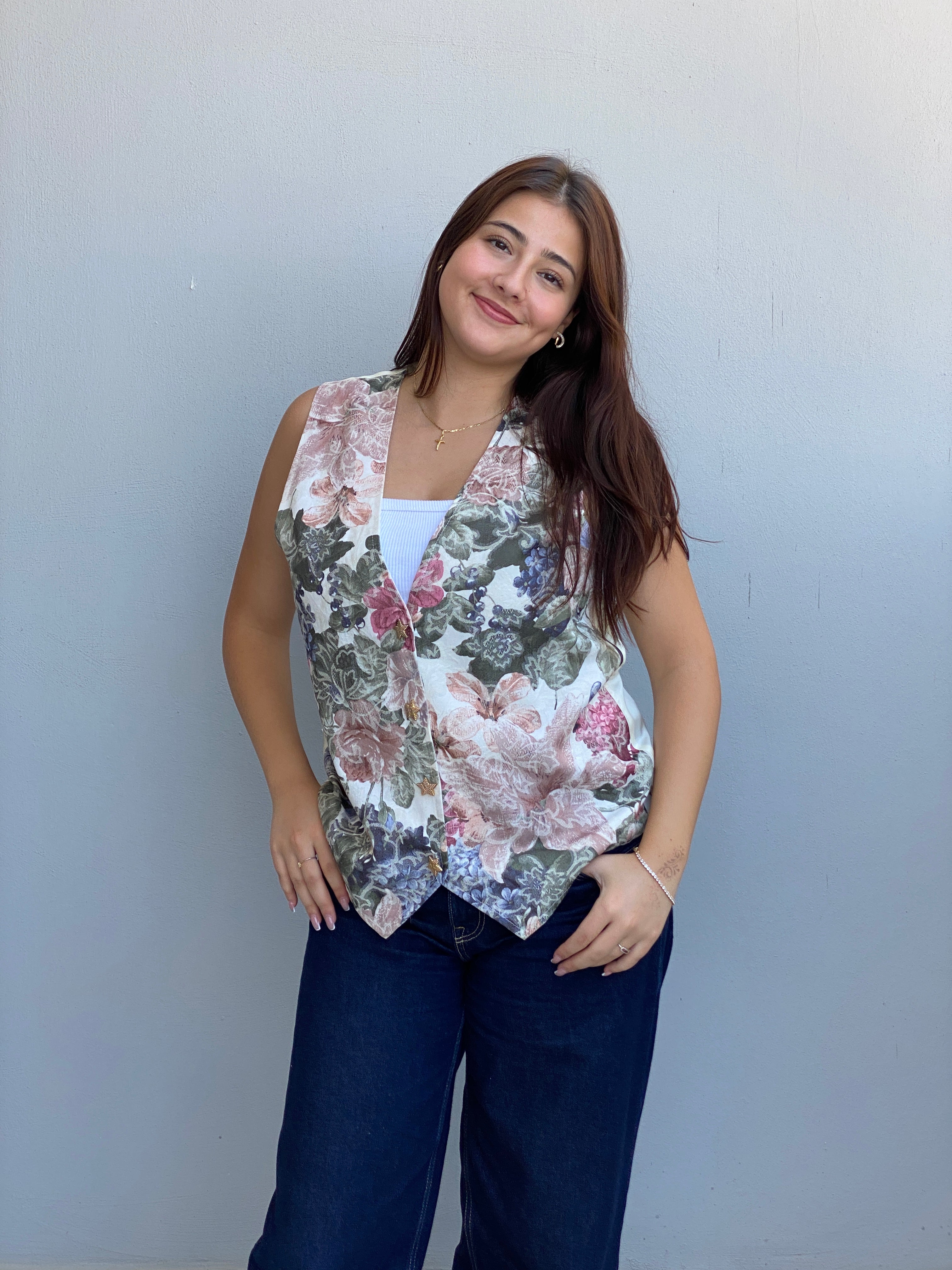 Vintage 90s O.S.O Sport Cream Floral Tapestry Star Button Vest – L