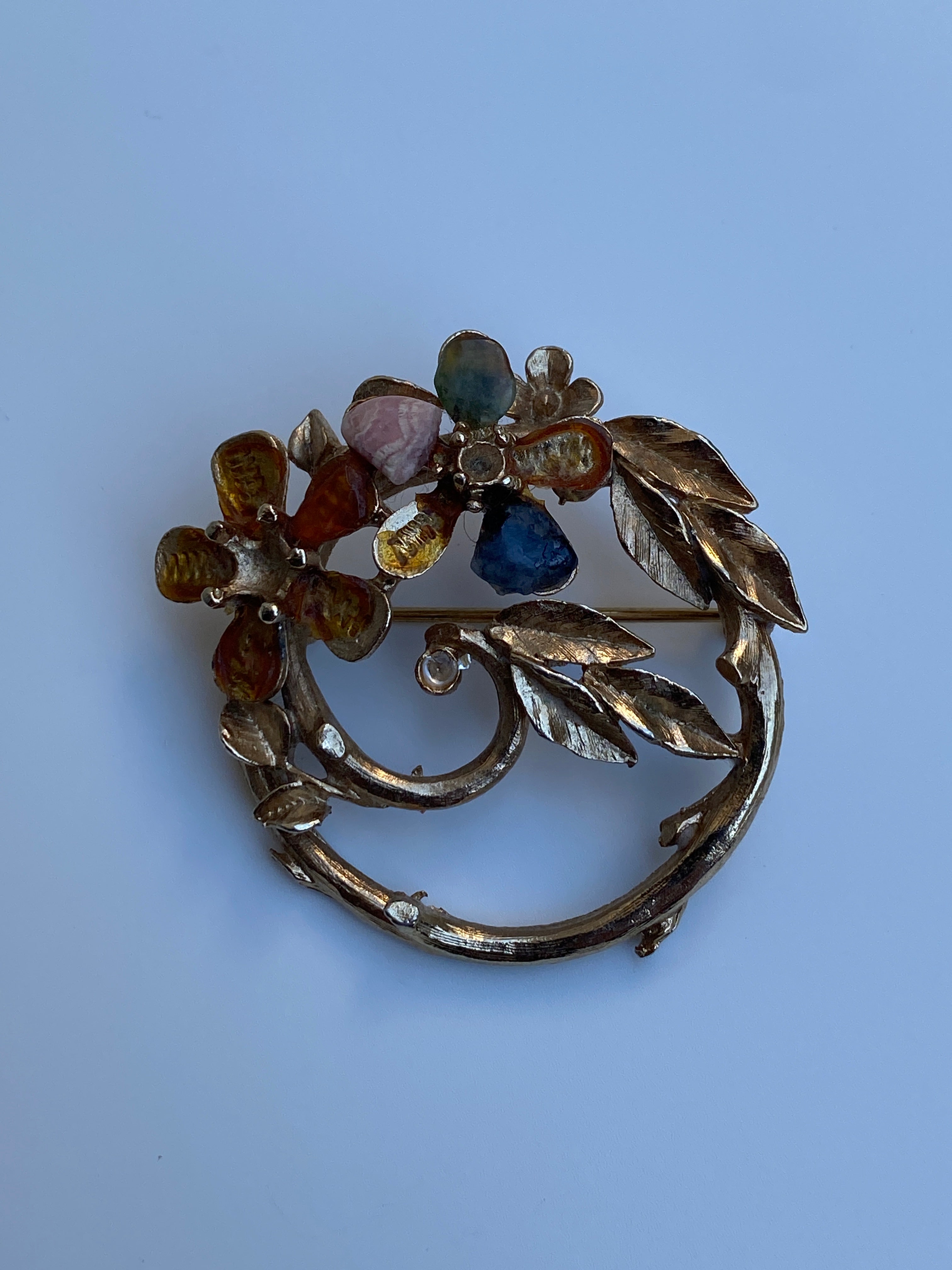 Vintage Capri Gold Floral Wreath Brooch with Multicolor Cabochons