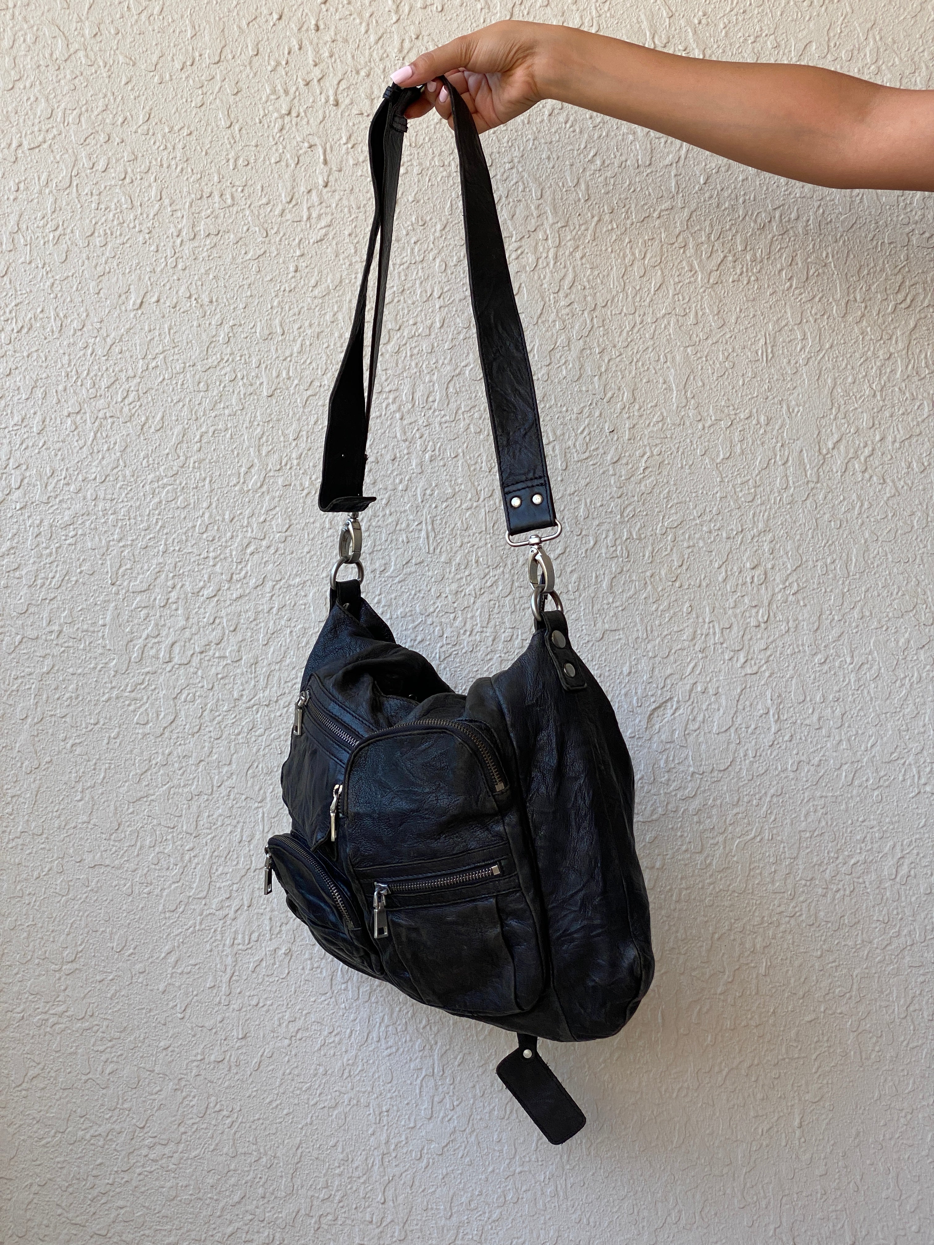 Liebeskind Berlin Distressed Black Leather Multi-Pocket Hobo Bag