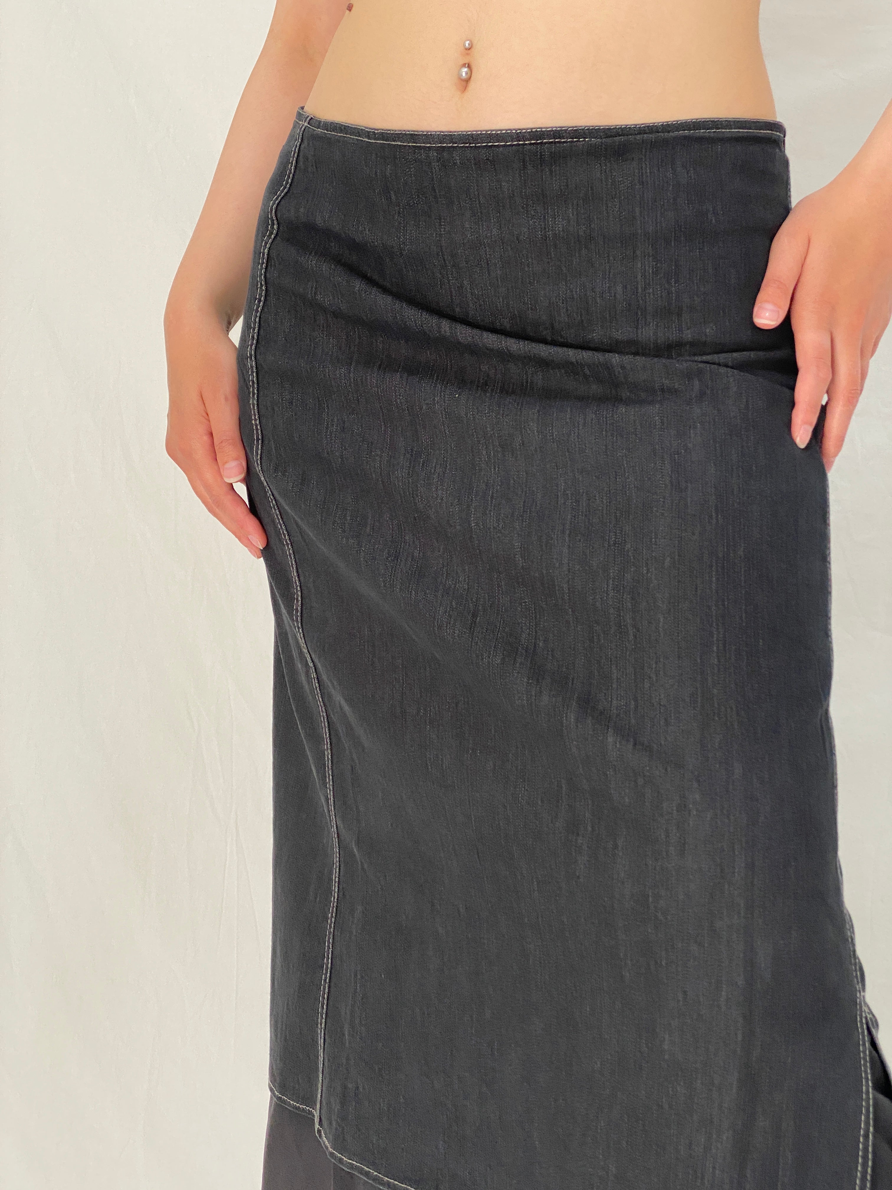 Y2K Fozmul Dark Navy Layered Denim Maxi Ruched Side Utility Aesthetic Skirt – M