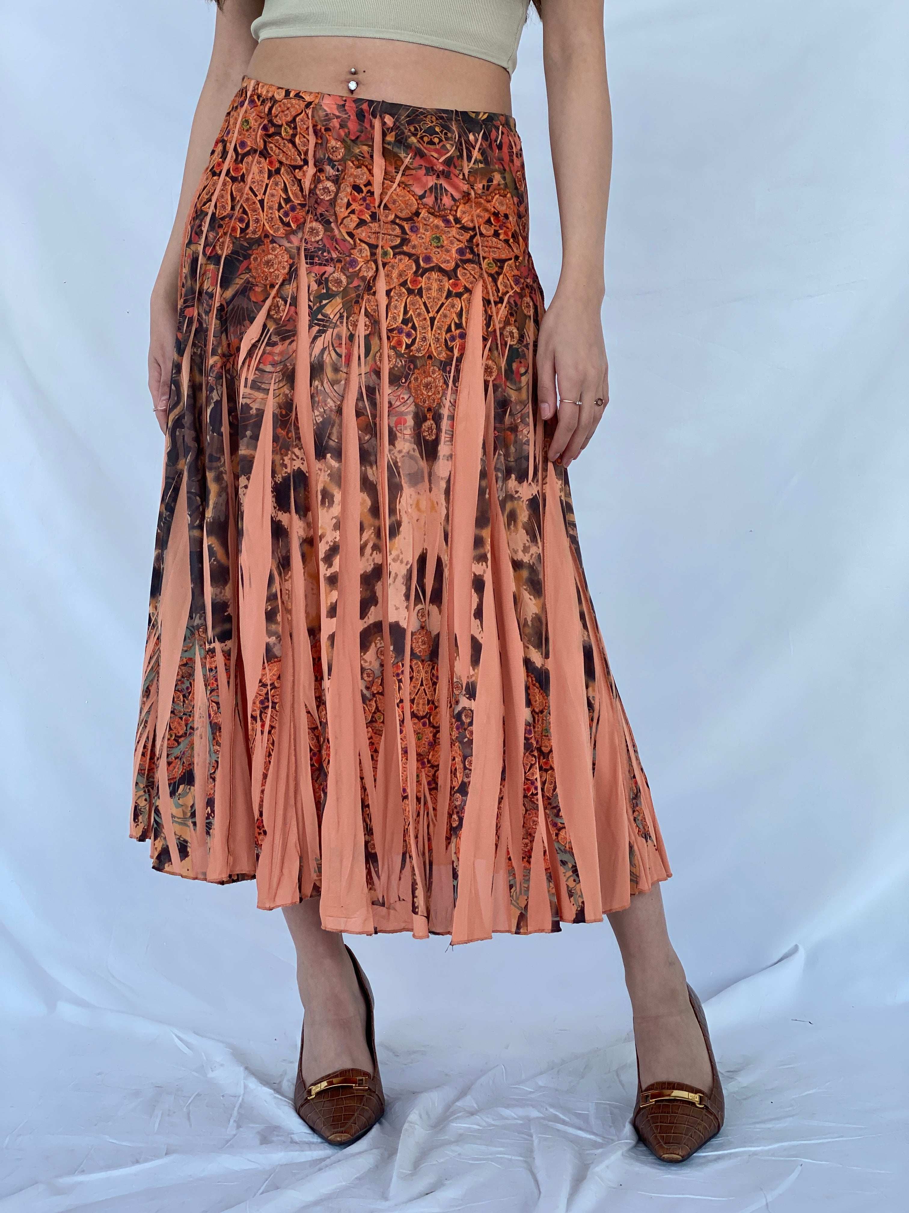 Gorgeous Vintage Orange Boho Print Midi Skirt - Balagan Vintage Midi Skirt 00s, 90s, midi skirt, Mira, NEW IN