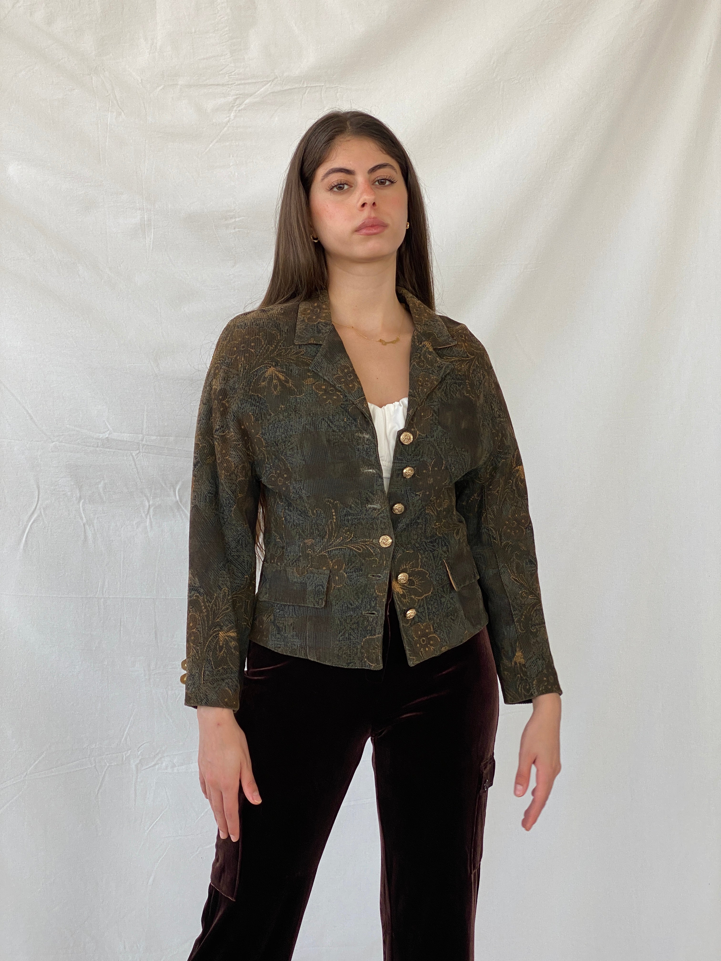 Vintage Happening Floral Olive Green Corduroy Heavy Blazer - M