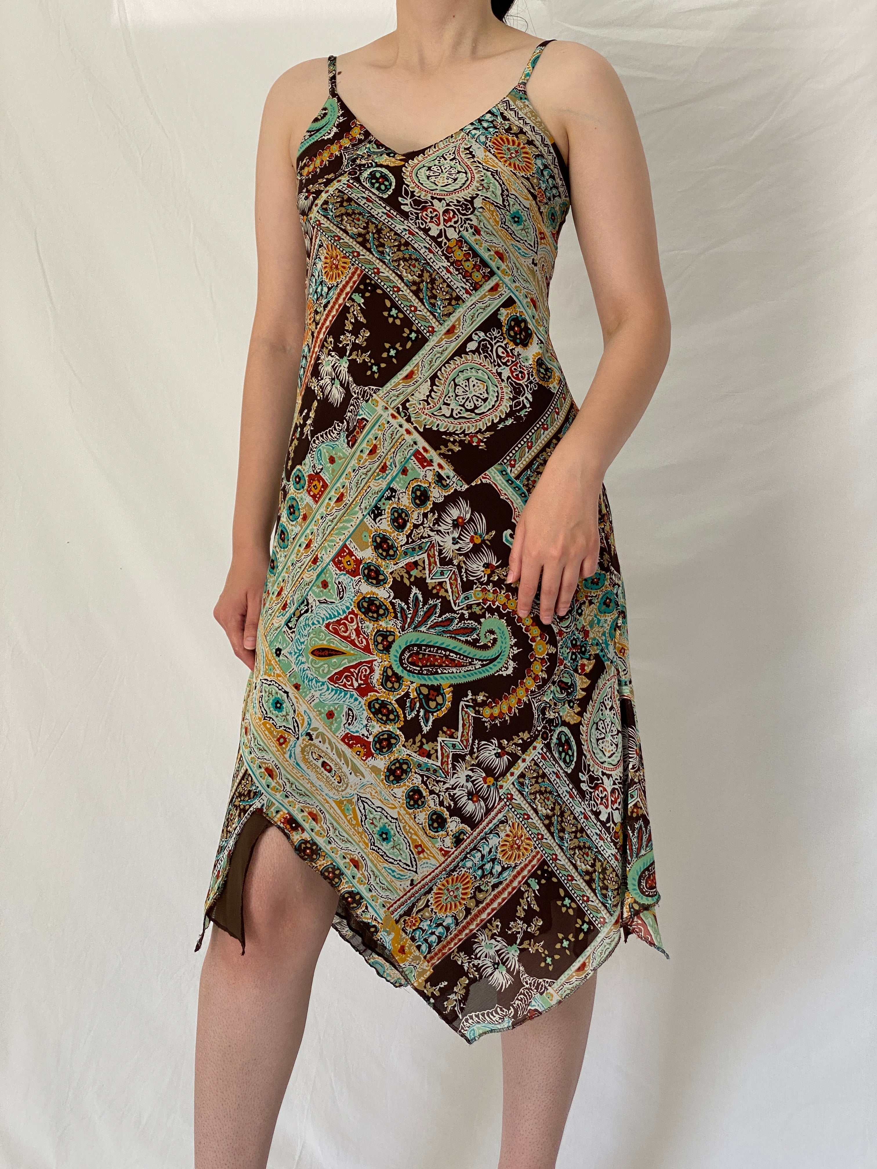Vintage Y2K La City Brown Paisley Handkerchief Hem Slip Dress - S