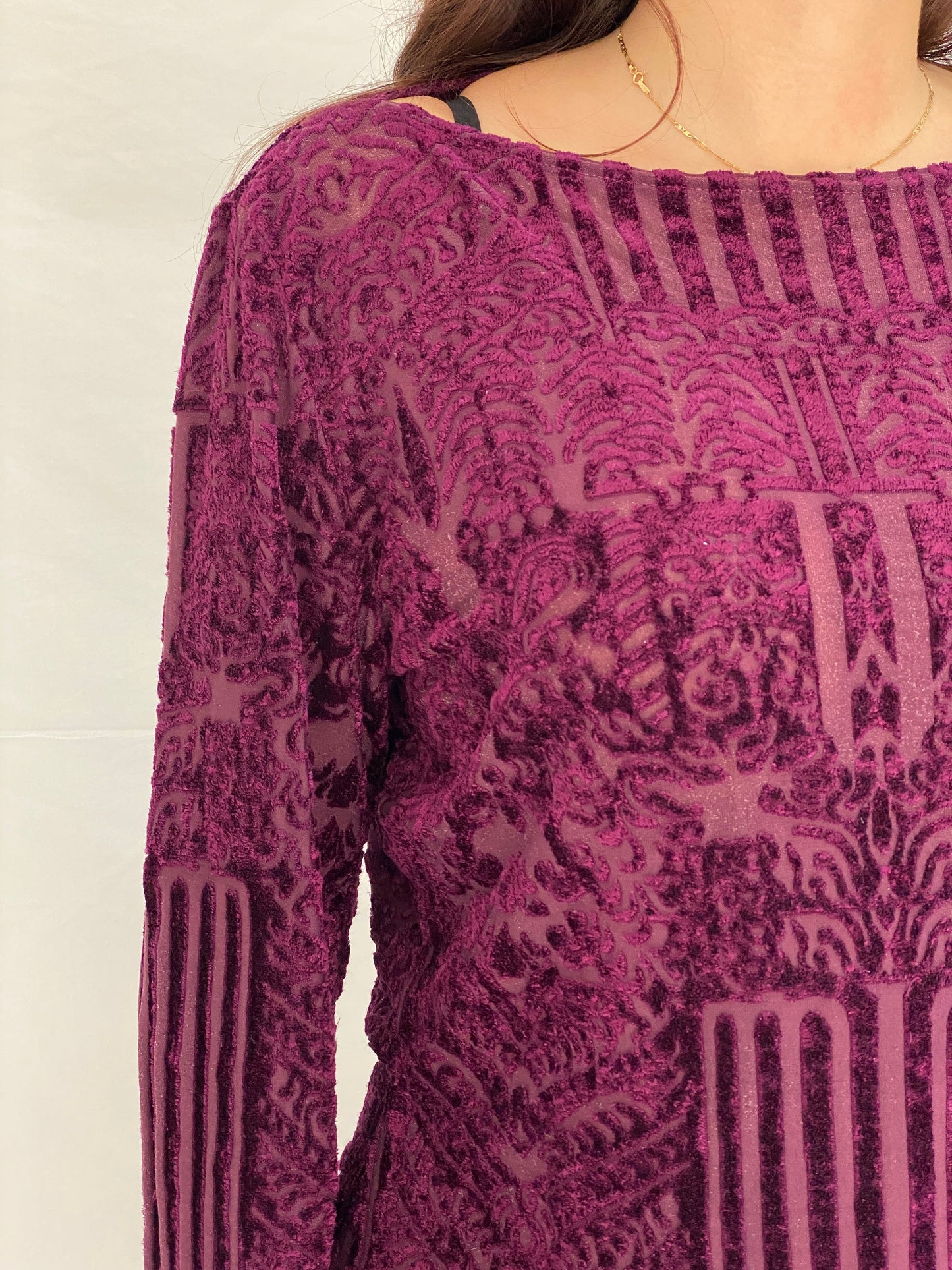 Vintage Wallis Purple Burnout Velvet Sheer Long Sleeve Top - XL