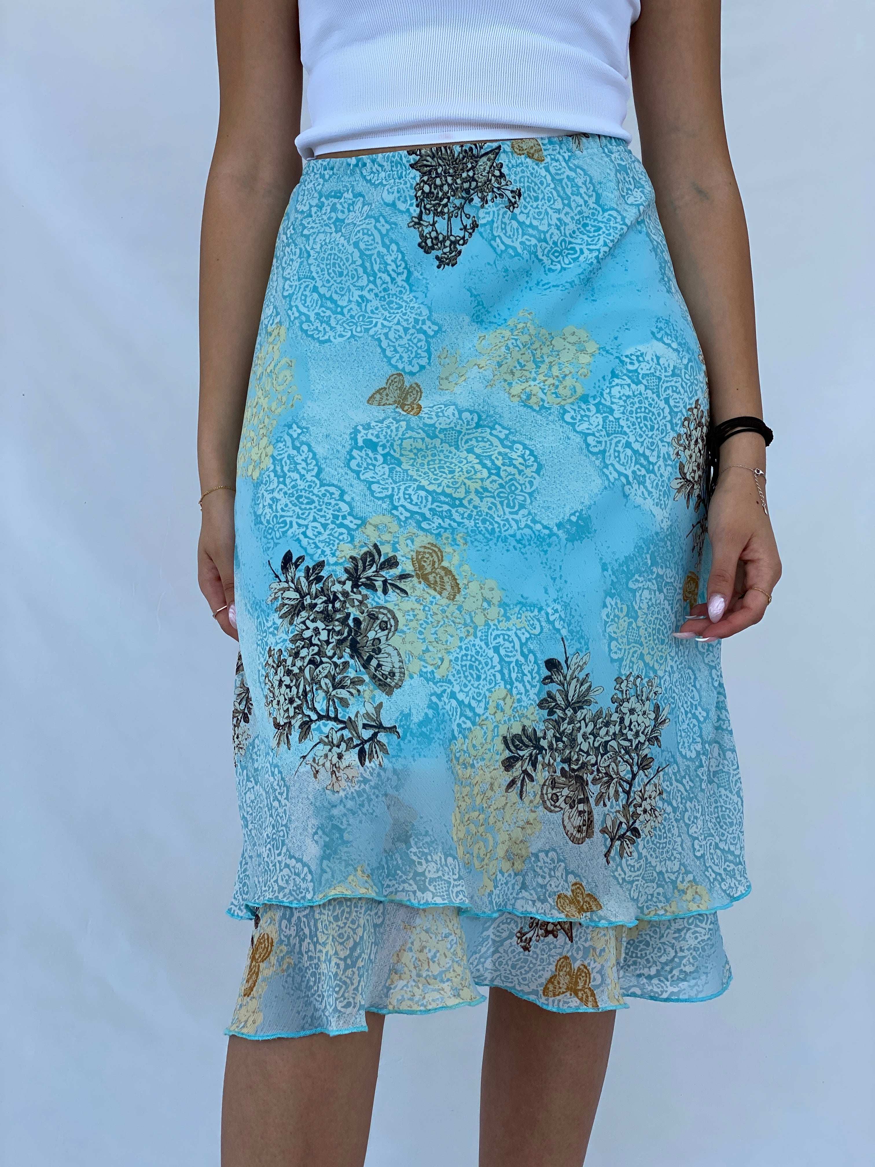 Dreamy 90s Blue Floral Midi Skirt - Balagan Vintage Midi Skirt 90s, floral mesh, floral print, floral skirt, Juana, midi skirt