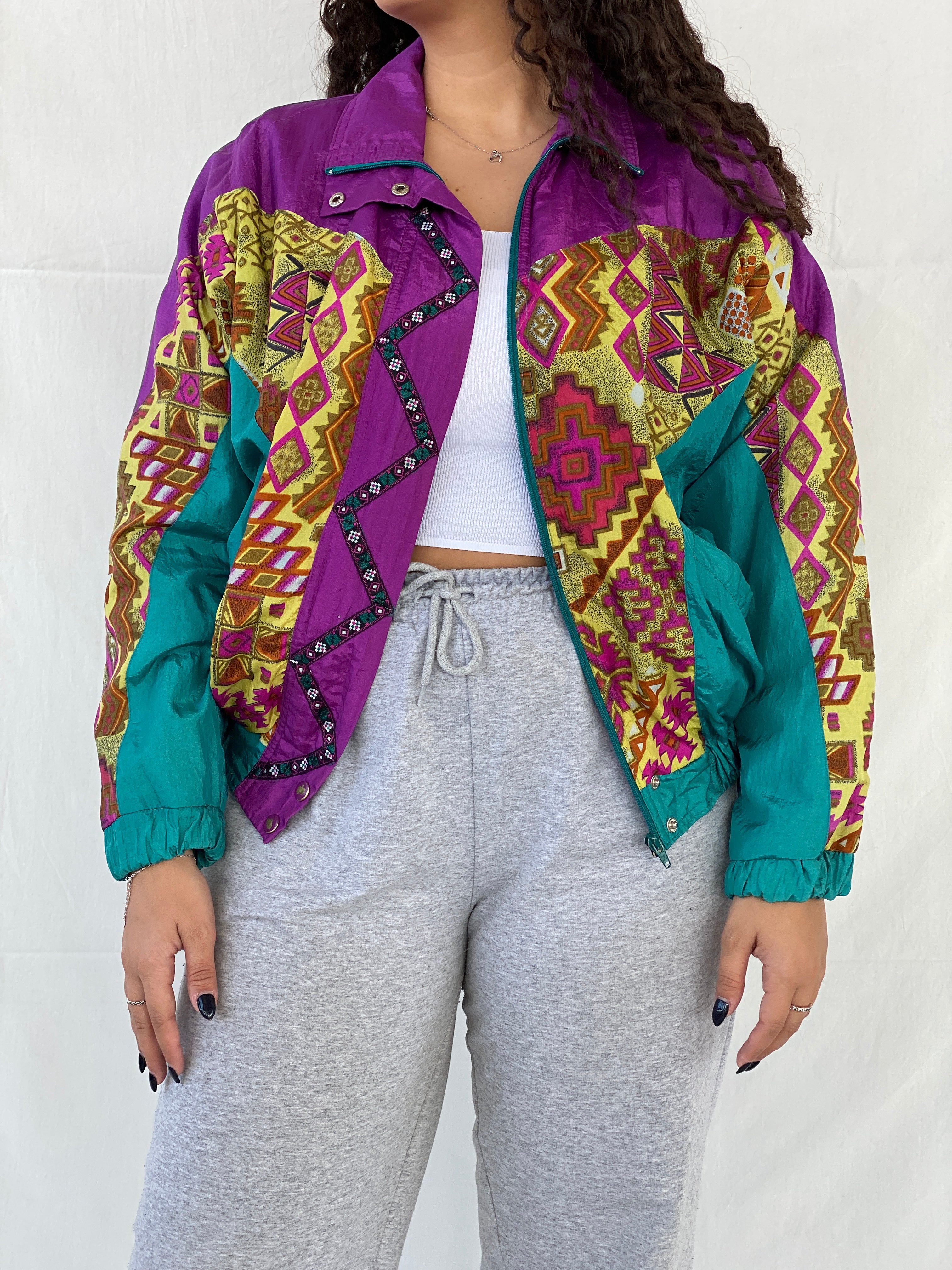 Vintage 80s/90s Lanvon by Cheerful Corp Green Tribal Print Windbreaker Track Jacket - S