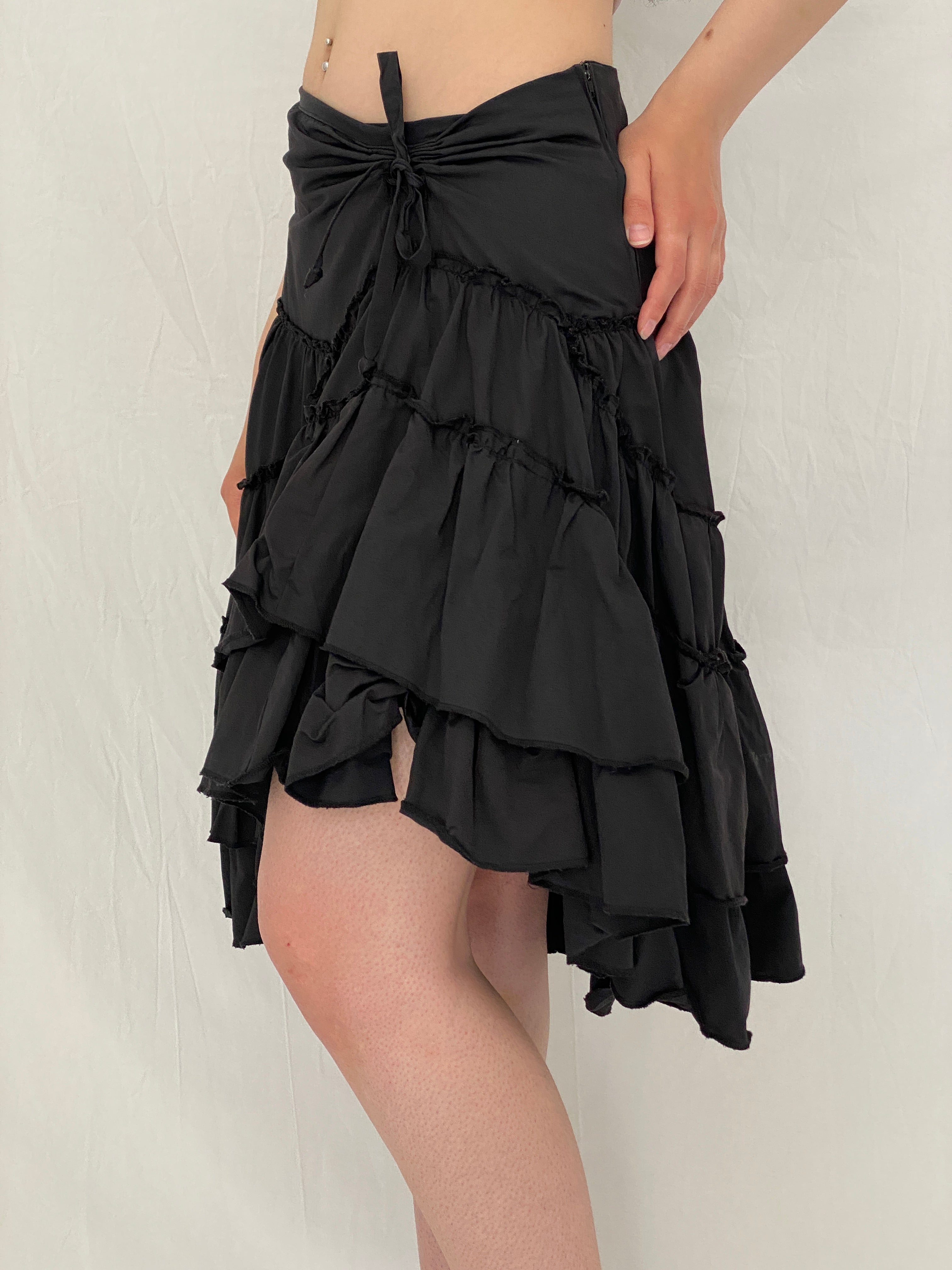 Statement Vintage Y2K Black Ruched Ruffle Tiered Midi Skirt – M