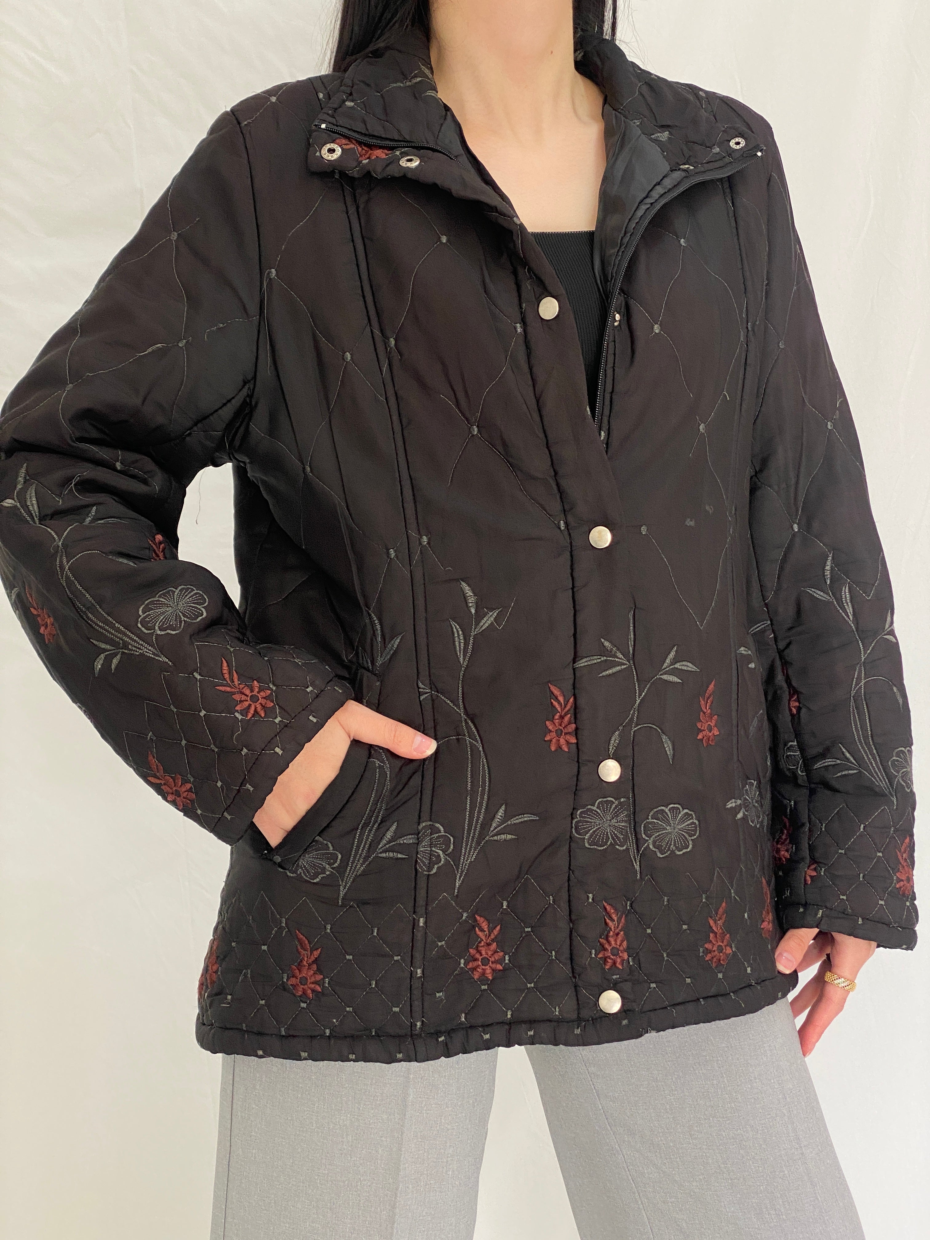 Vintage 90s Motuoren Black Quilted Embroidered Floral Lightweight Padded Jacket Coat - M