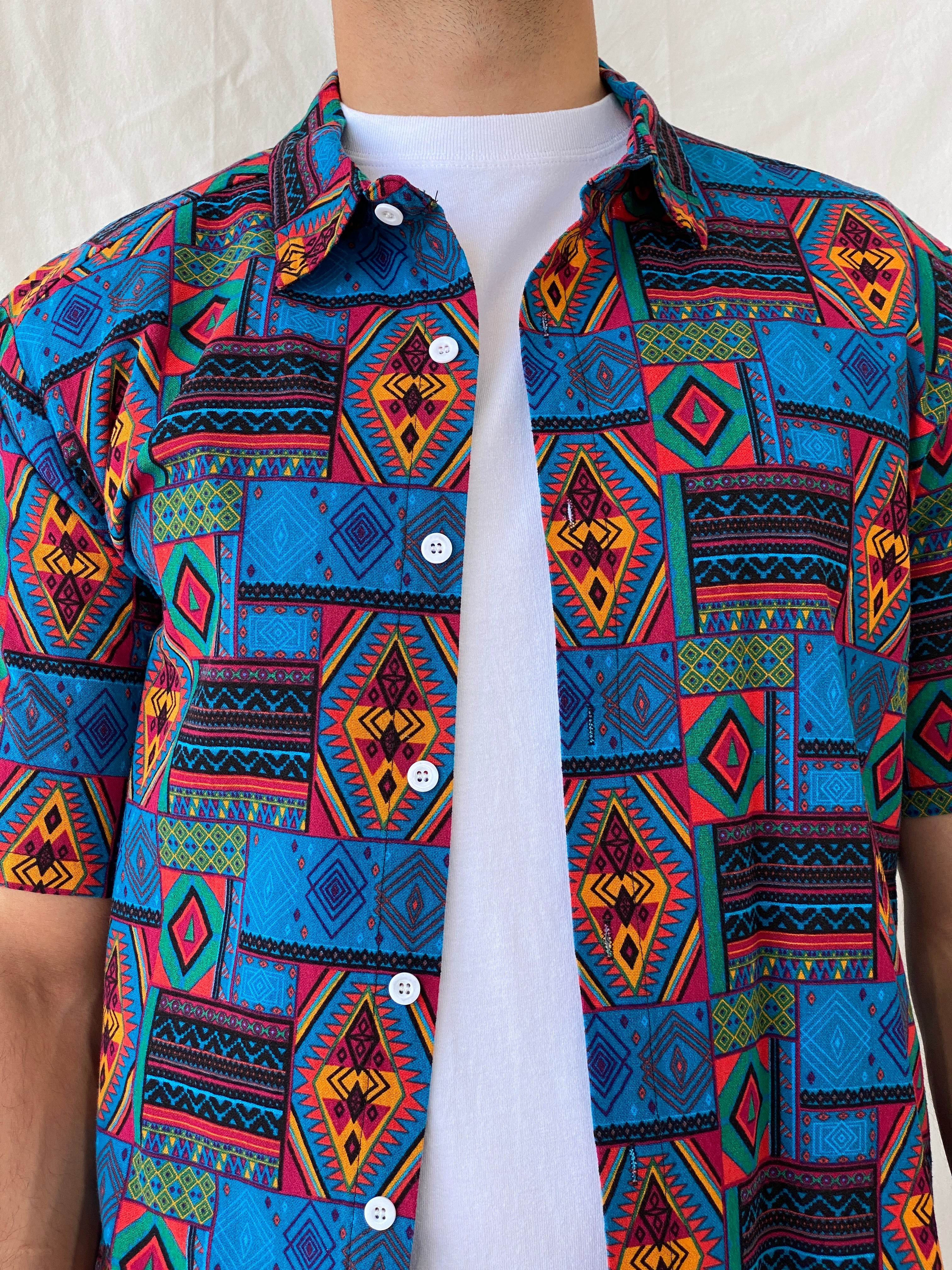 Vintage Aztec Tribal Blue Multi-Color Men’s Short Sleeve Shirt - L
