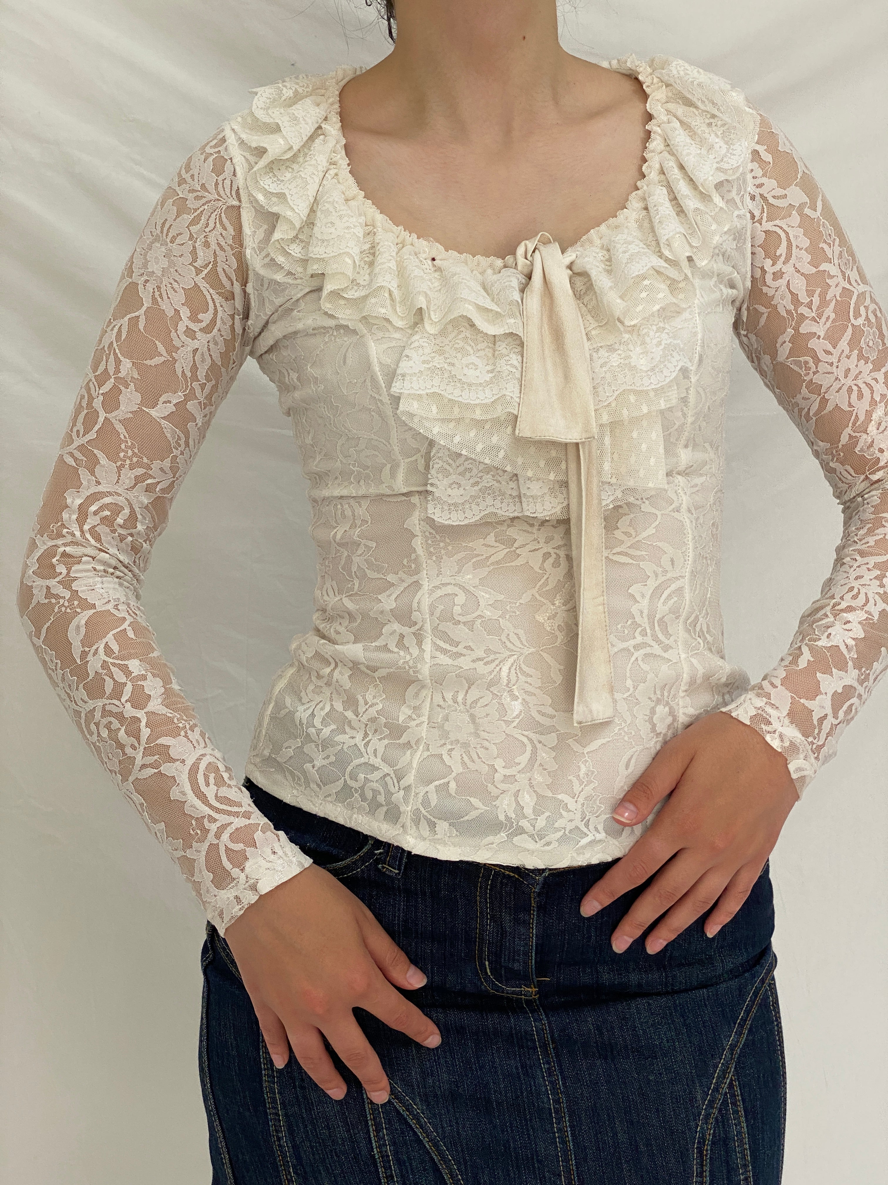 Vintage Favori Ivory Lace Ruffle Top Sheer Romantic Coquette Y2K Blouse - S