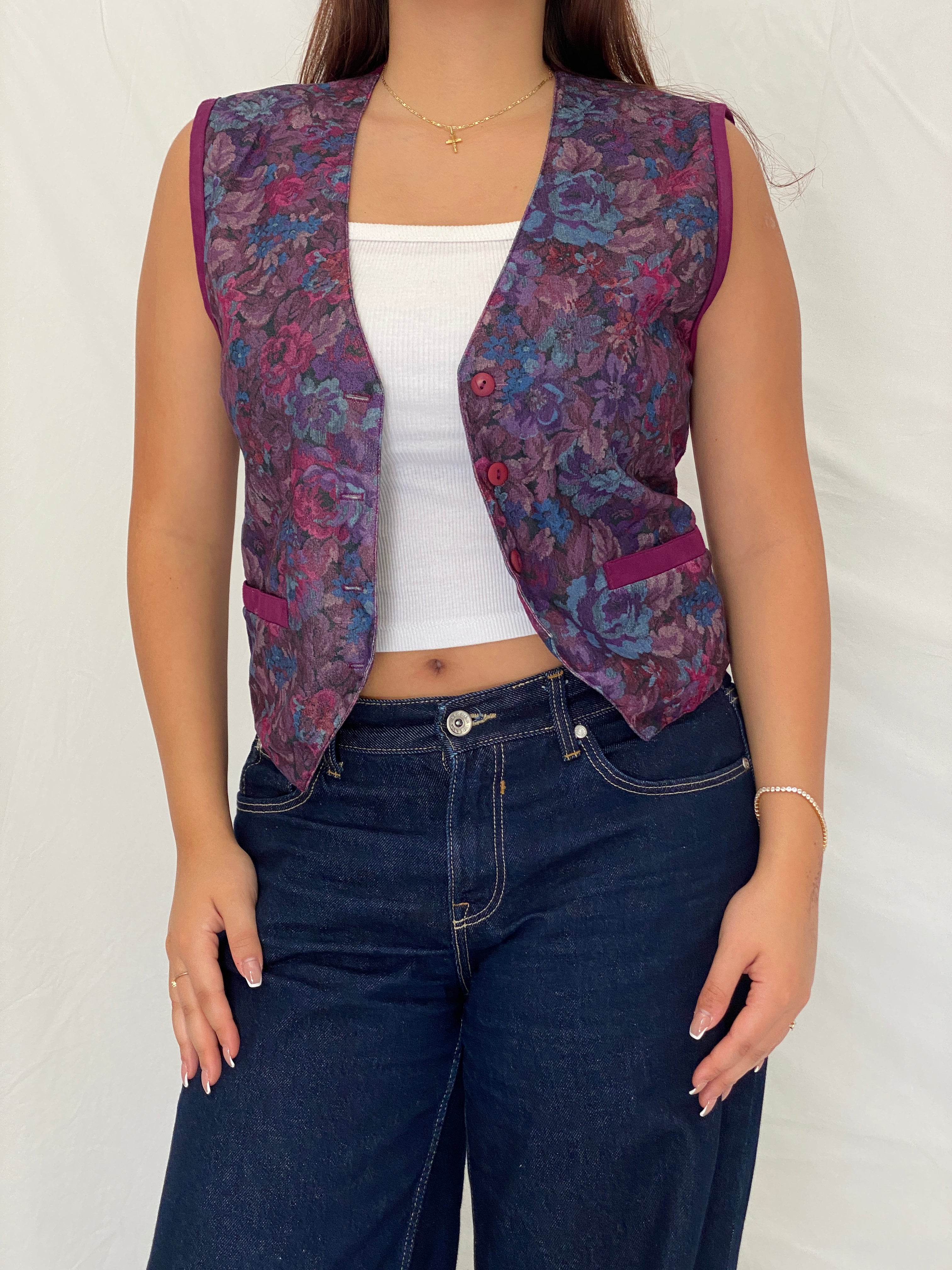 Vintage 90s Pierre Lamonte Purple Waistcoat Floral Button Vest – M