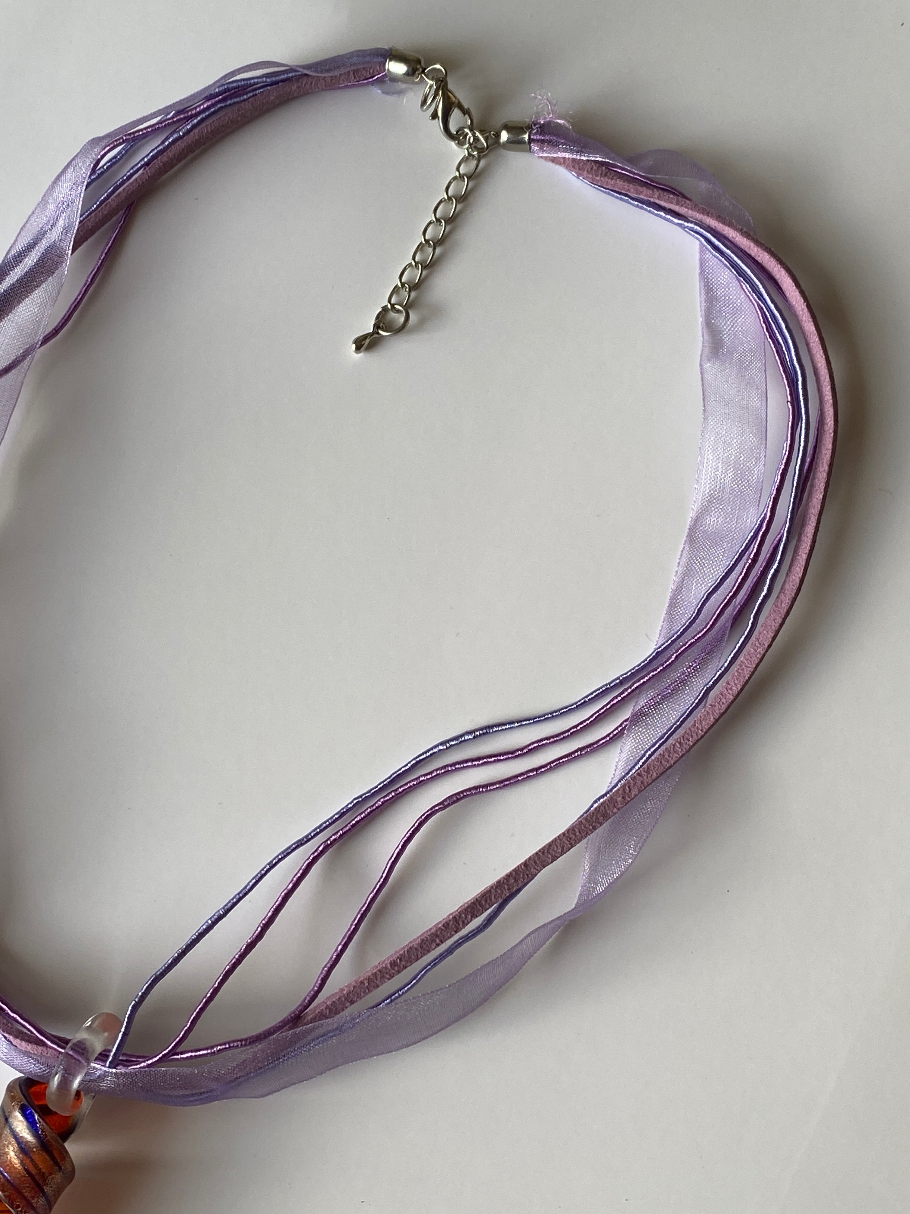 Vintage 1990s Purple Ribbon Art Glass Pendant Necklace