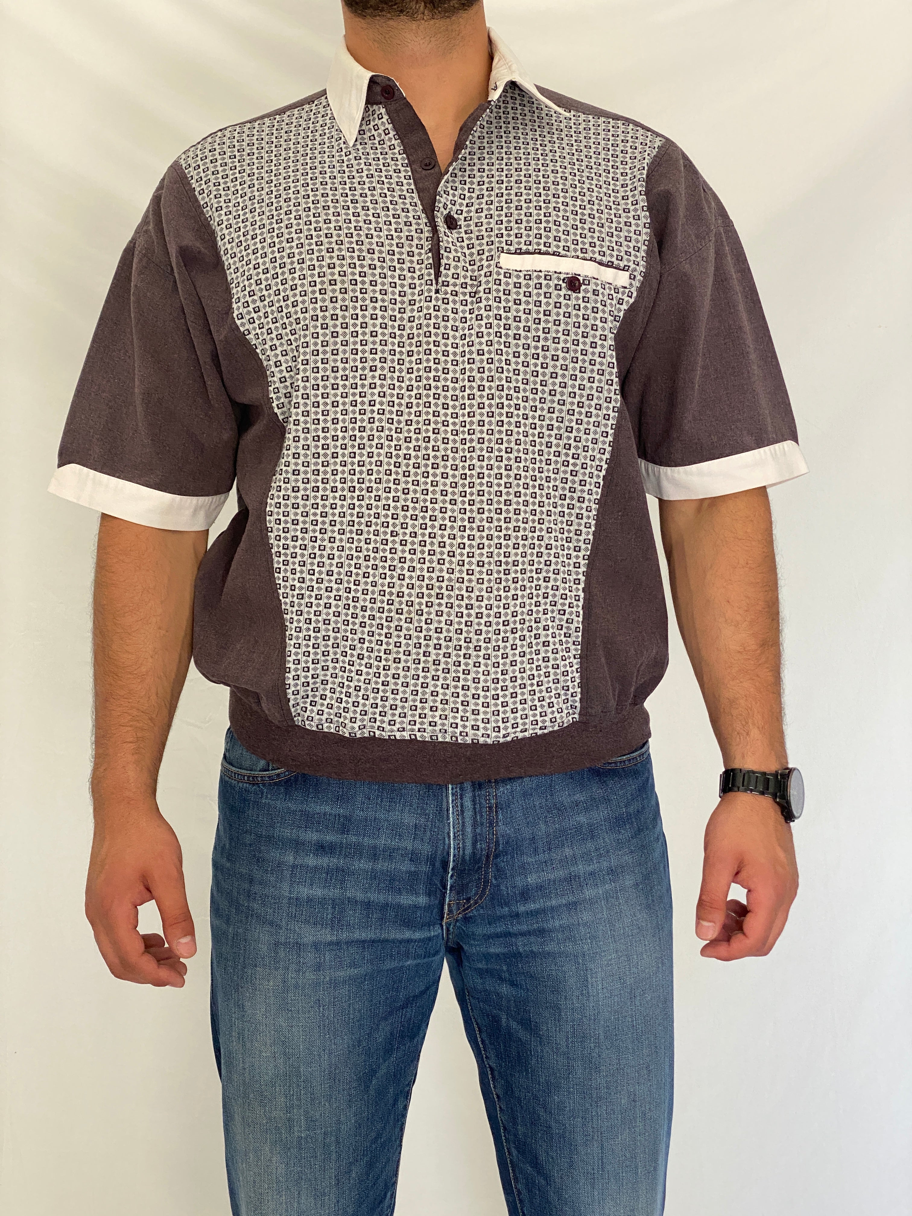 Vintage 90s II SPORT Brown & White Men’s Patterned Polo Shirt – L
