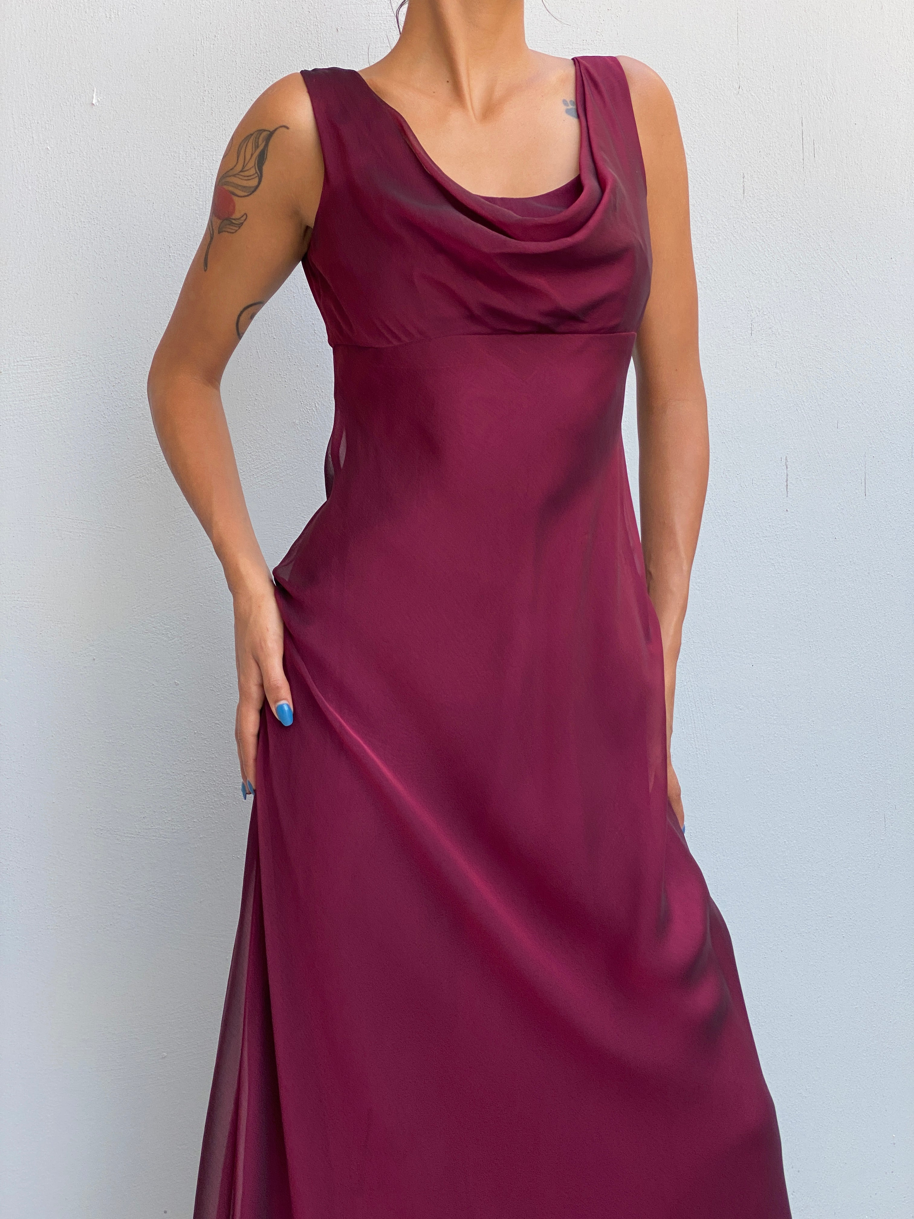 Vintage Y2K Betsy & Adam by Jaslene Burgundy Chiffon Cowl Neck Evening Gown - S