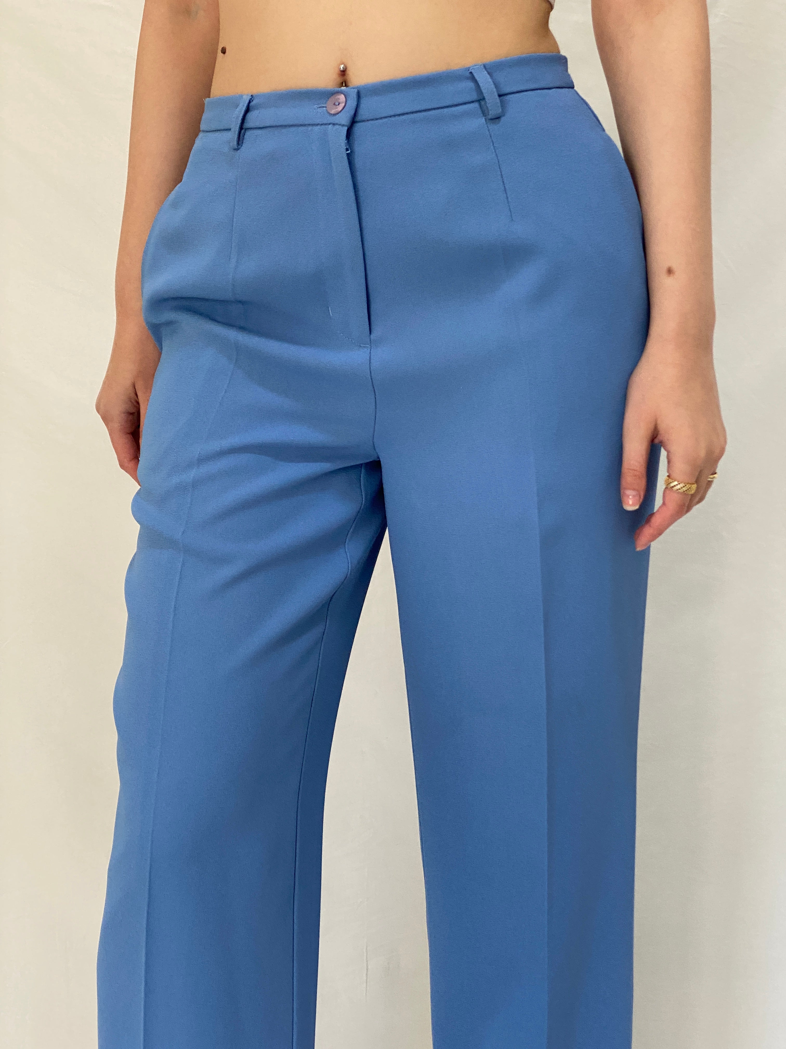 Vintage Karen Scott Petite Tailored Blue Trousers High Waist Straight Leg Office Pants - S