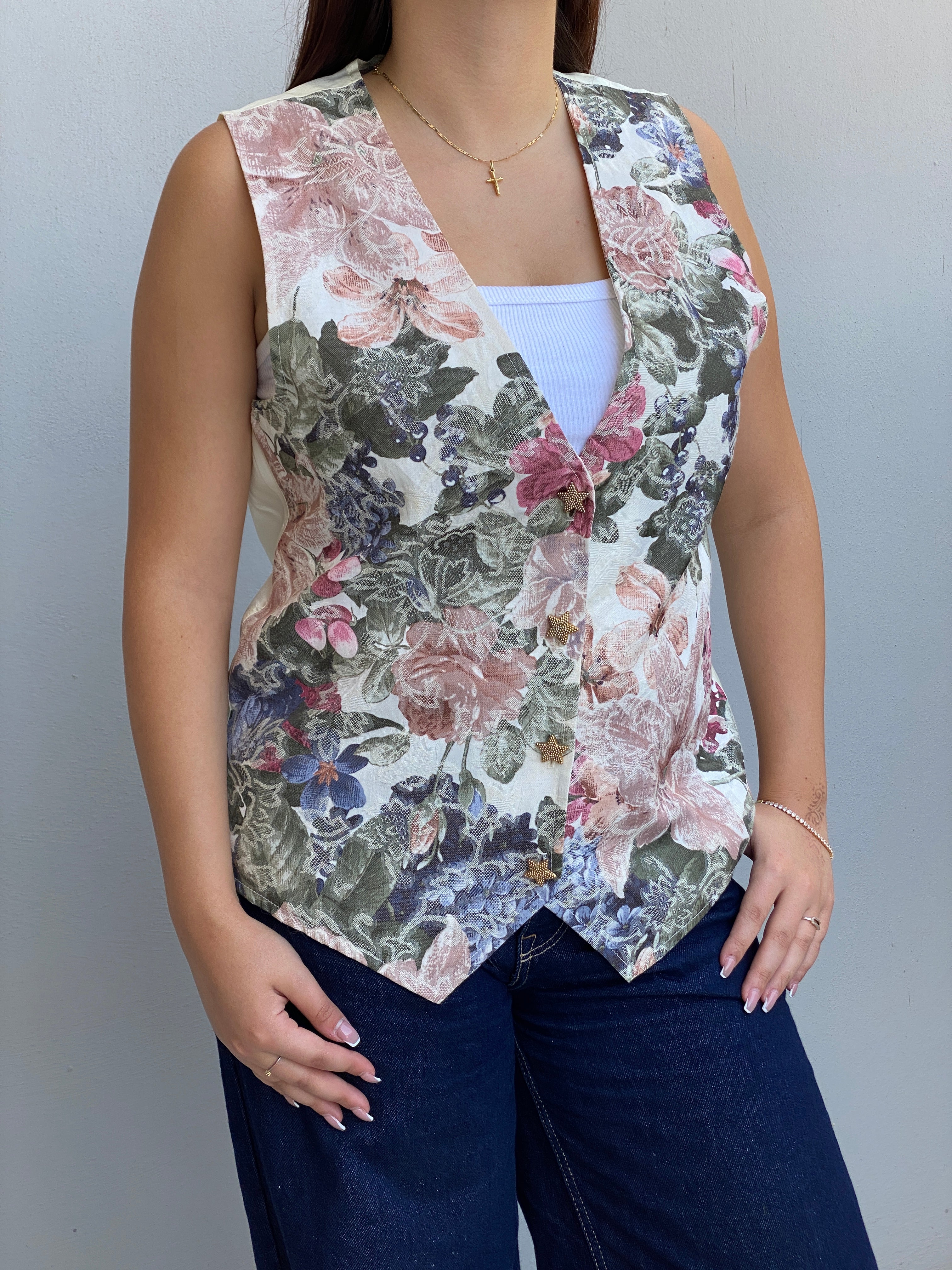 Vintage 90s O.S.O Sport Cream Floral Tapestry Star Button Vest – L