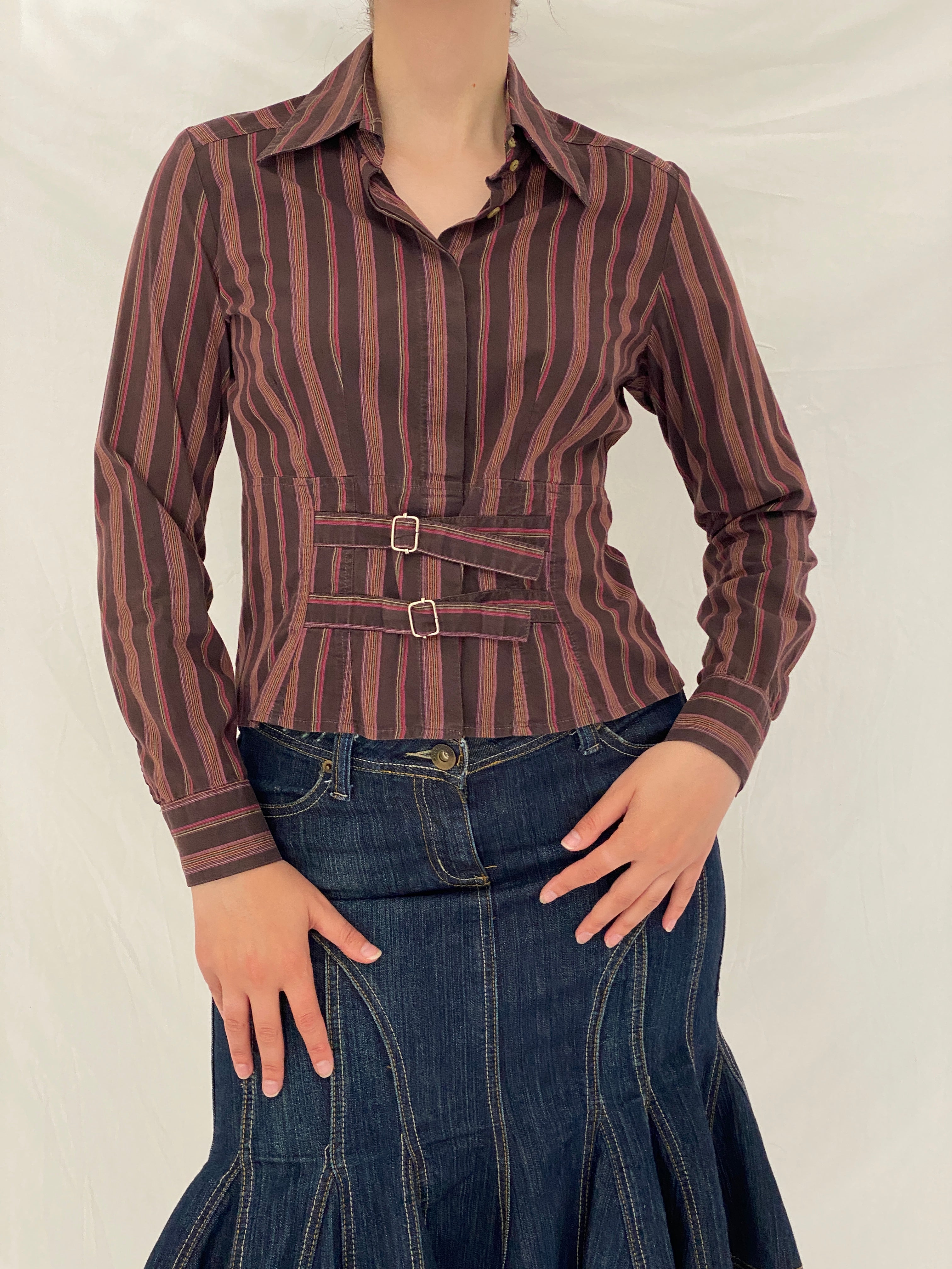 Vintage Y2K La Chemiserie dAVELINE Brown Stripe Buckle Waist Shirt - S