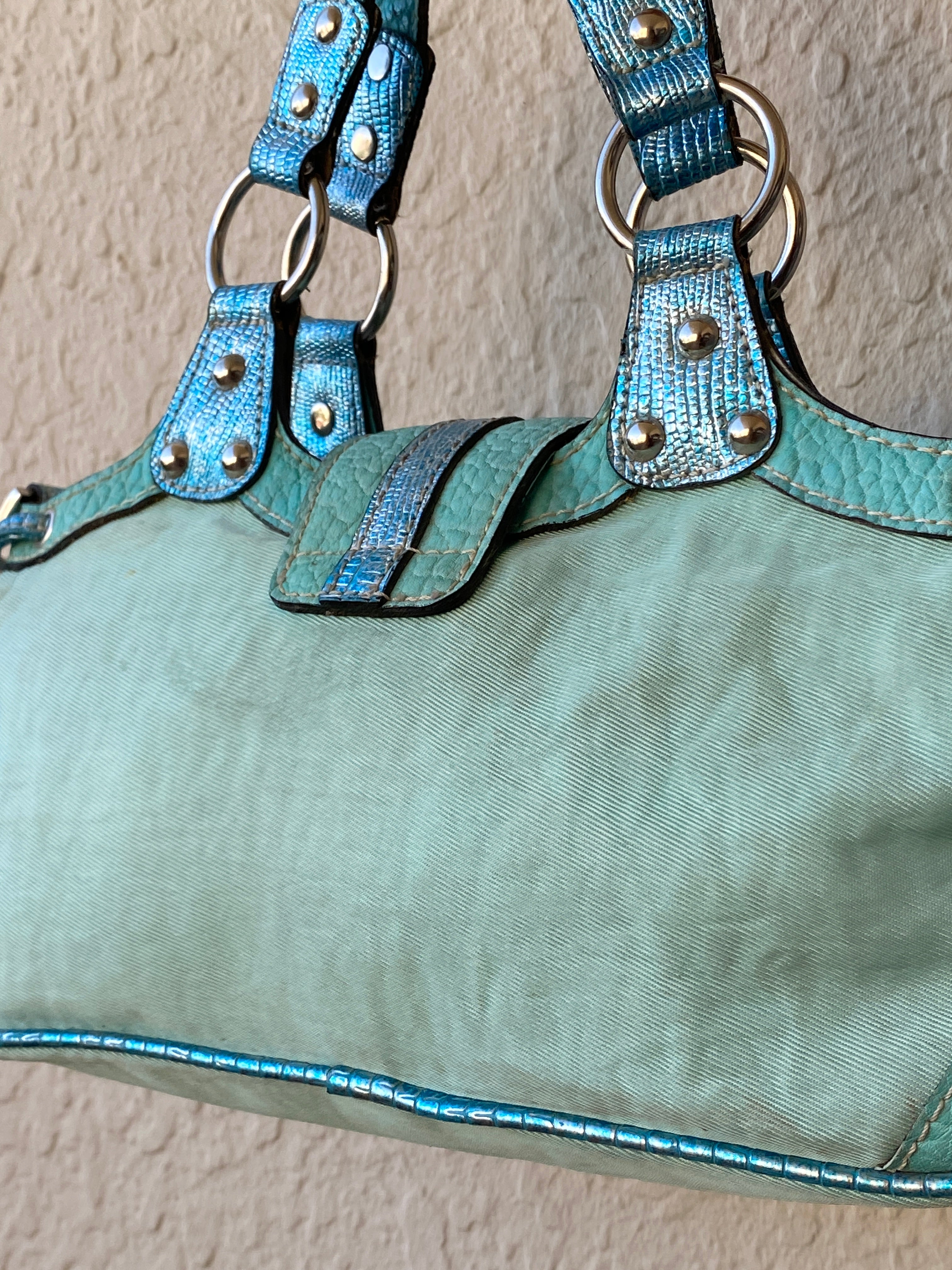 Vintage Y2K Guess Turquoise Satchel Bag with Logo G Hardware & Studded Trim Purse