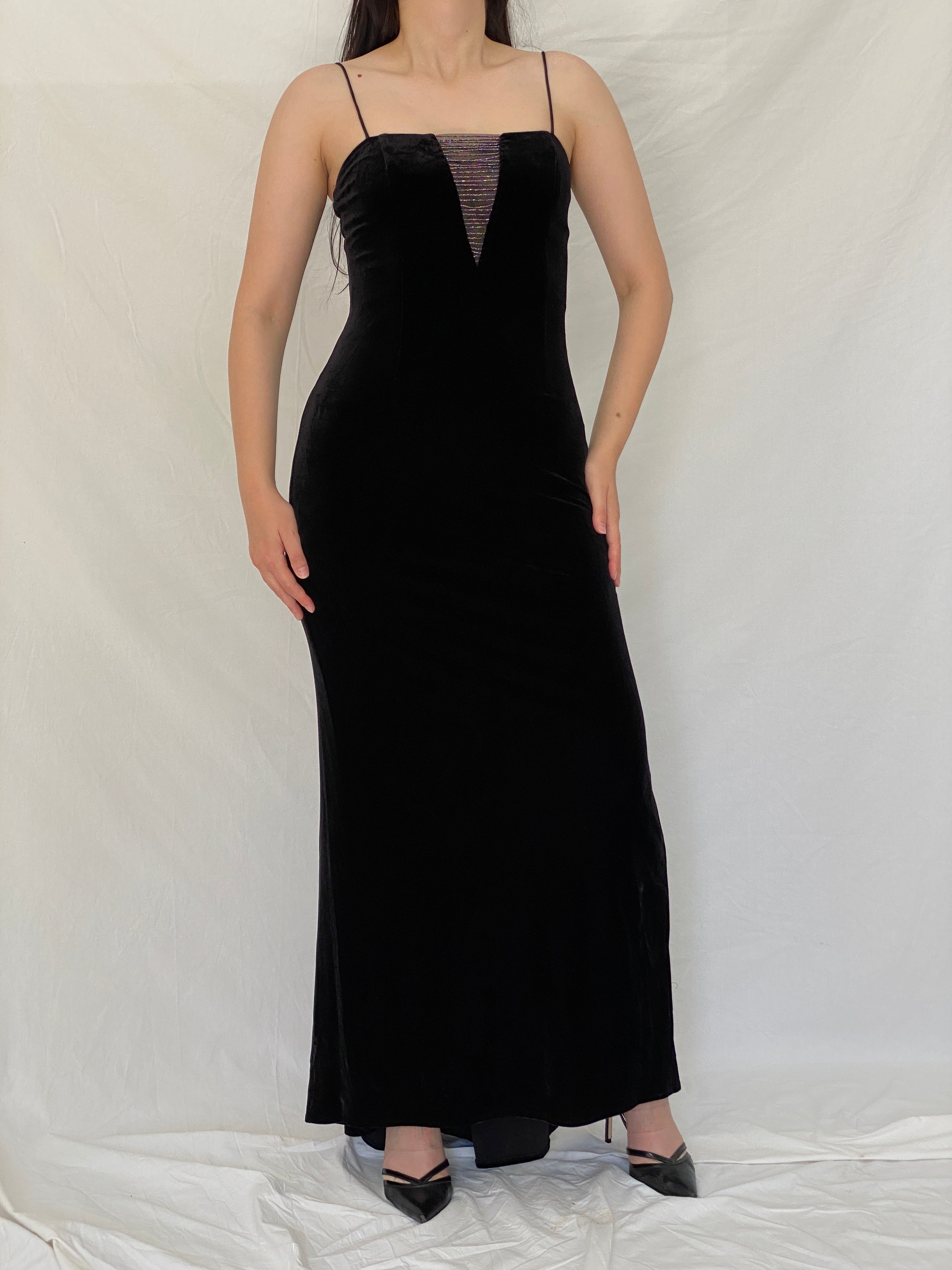Vintage Betsey & Adam by Jaslene Black Velvet Beaded Illusion Evening Gown – S
