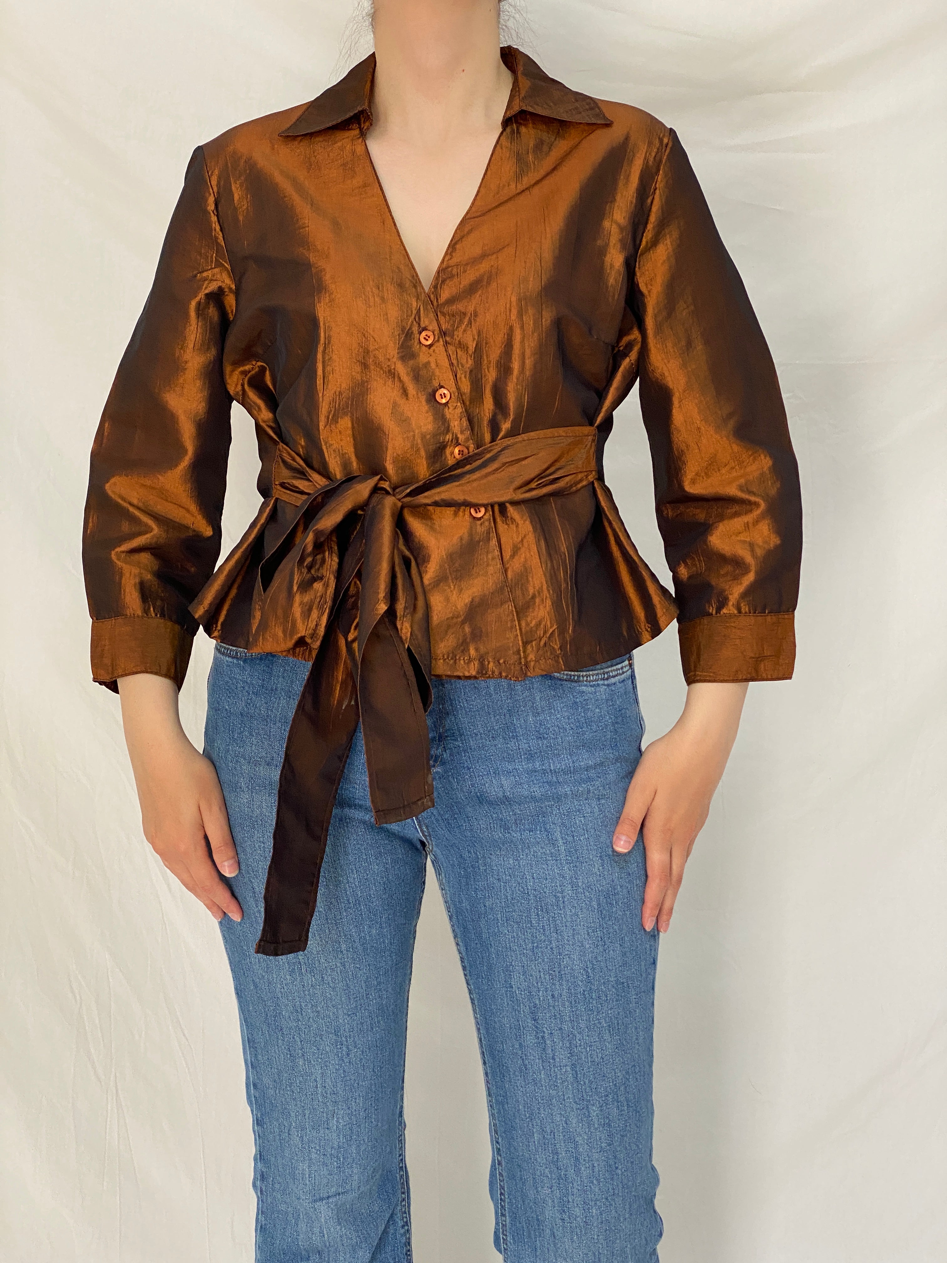 Vintage Pleno Bronze Metallic Wrap Blouse Tie Waist Shimmer Top - L