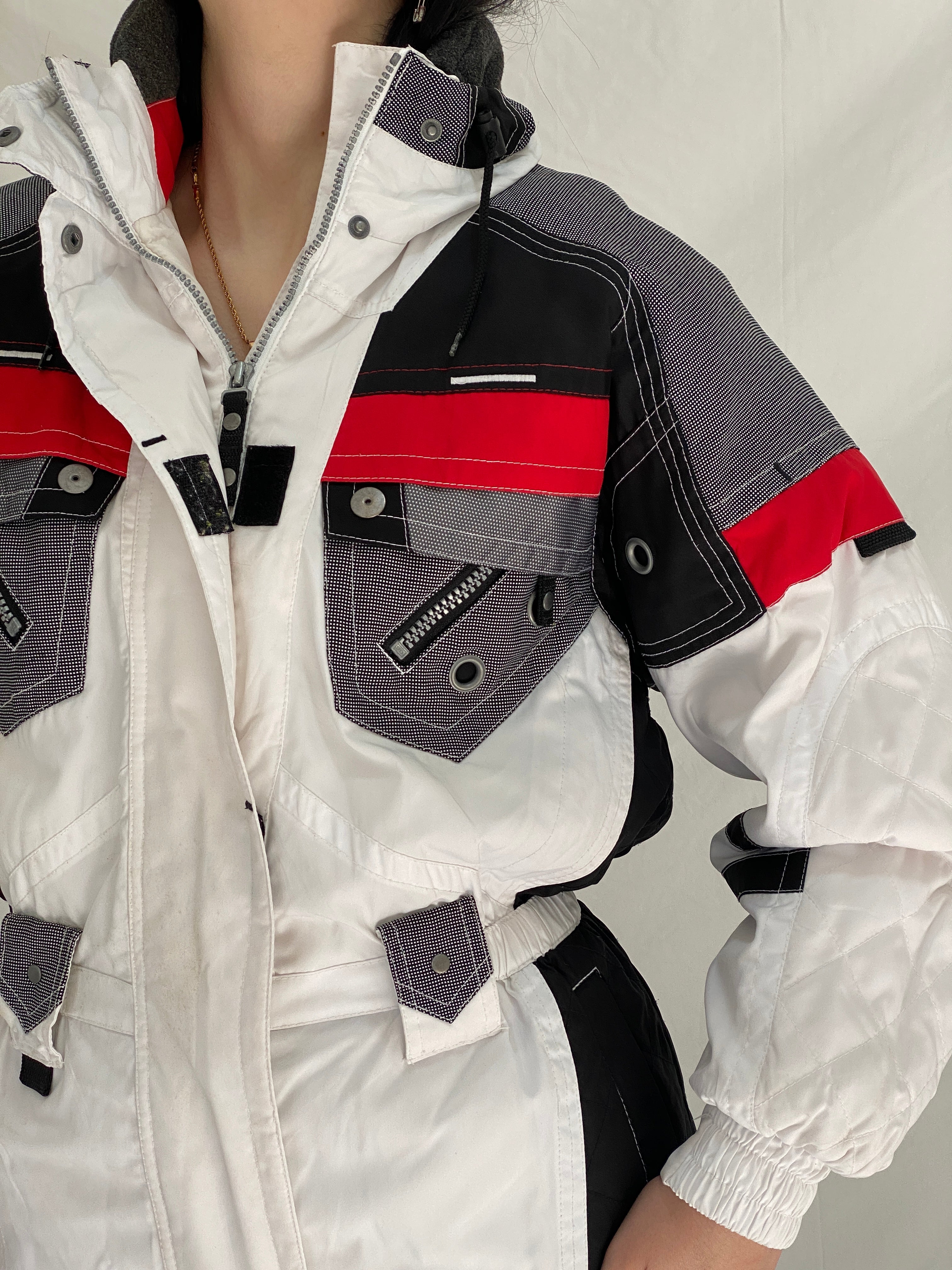 Vintage 90s Rodeo Colorblock Ski Jacket Retro White Black Red Windbreaker - S