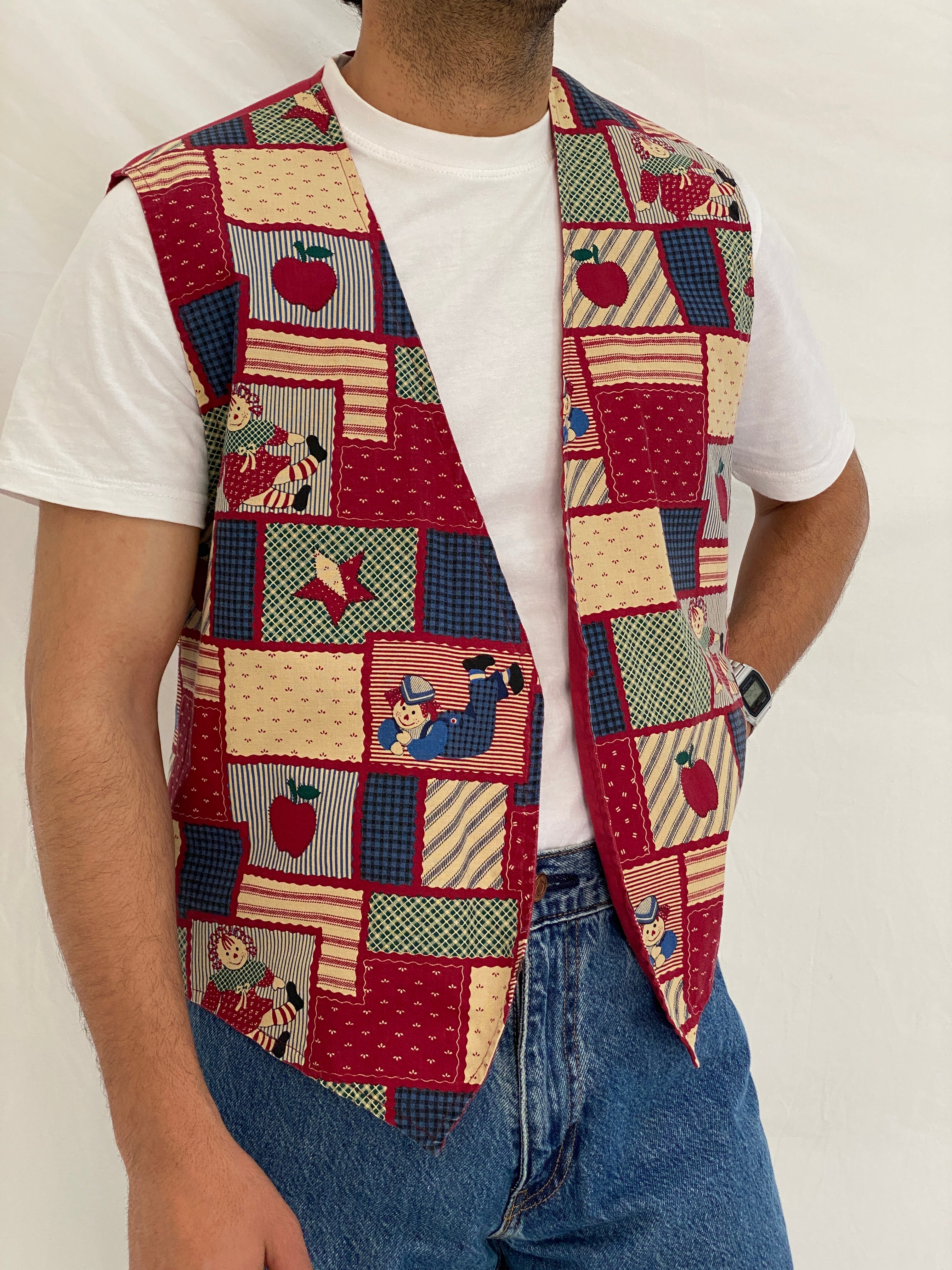 Vintage Handmade Patchwork Novelty Vest Red Folk Cotton Waistcoat – L