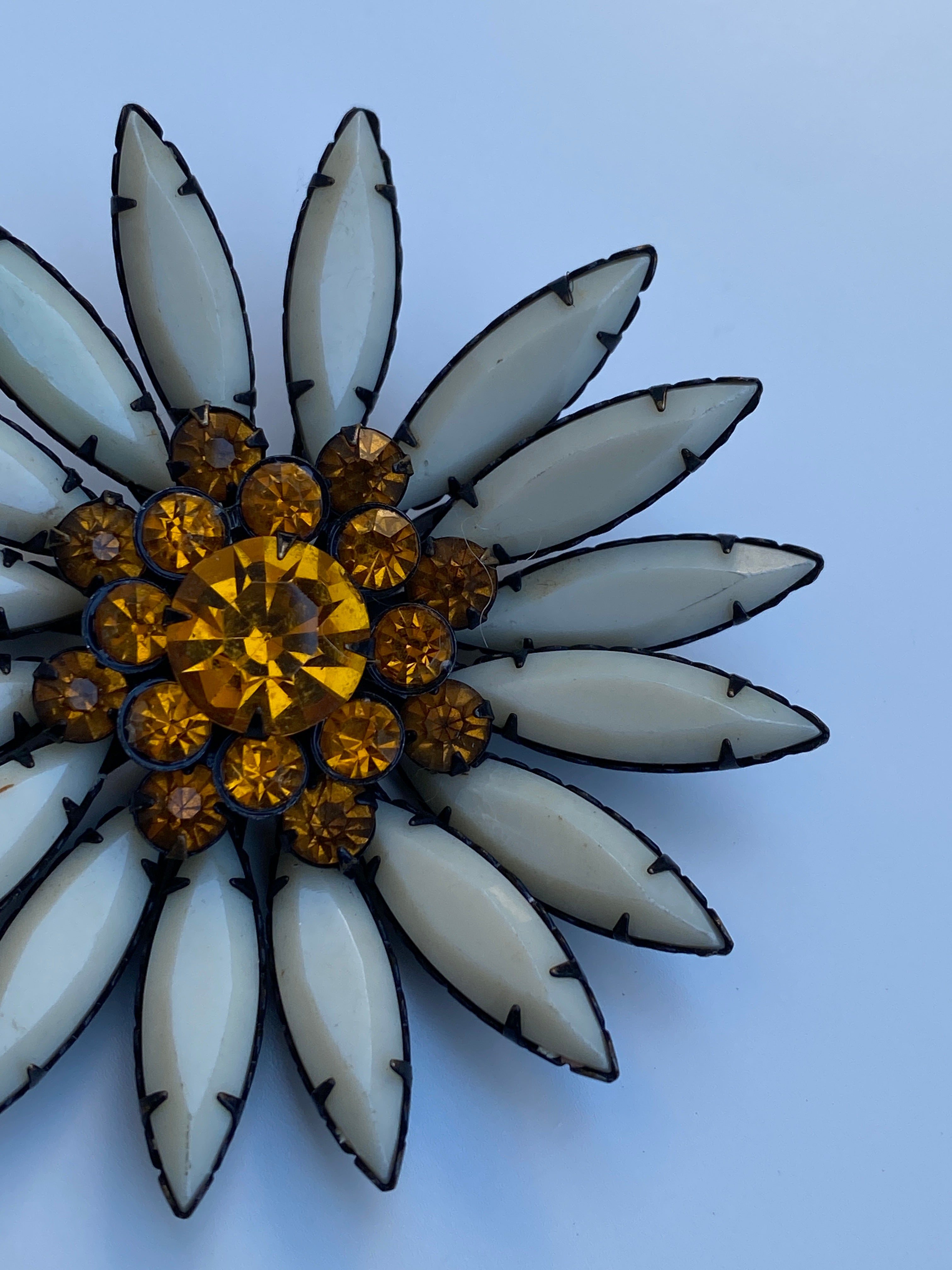 Vintage Mid-Century White Milk Glass & Amber Rhinestone Flower Brooch Floral Statement Pin