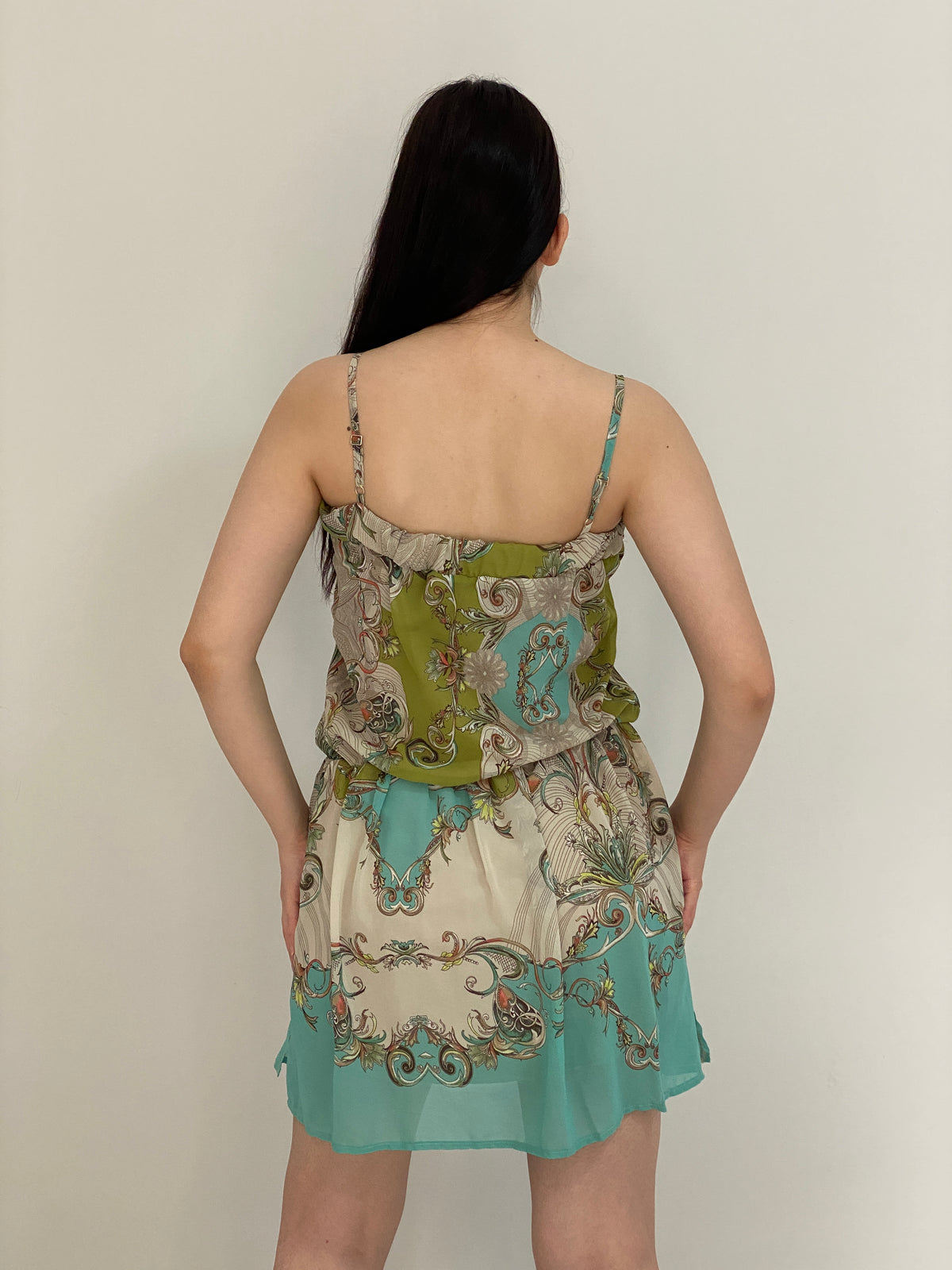 Y2K Rina Scimento Green Baroque Print Lace Trim Mini Dress – S