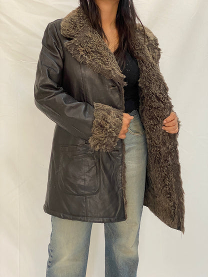Vintage Genuine Leather Coat with Faux Fur Collar & Cuffs 70s Style Shearling Lined Brown Jacket - XL