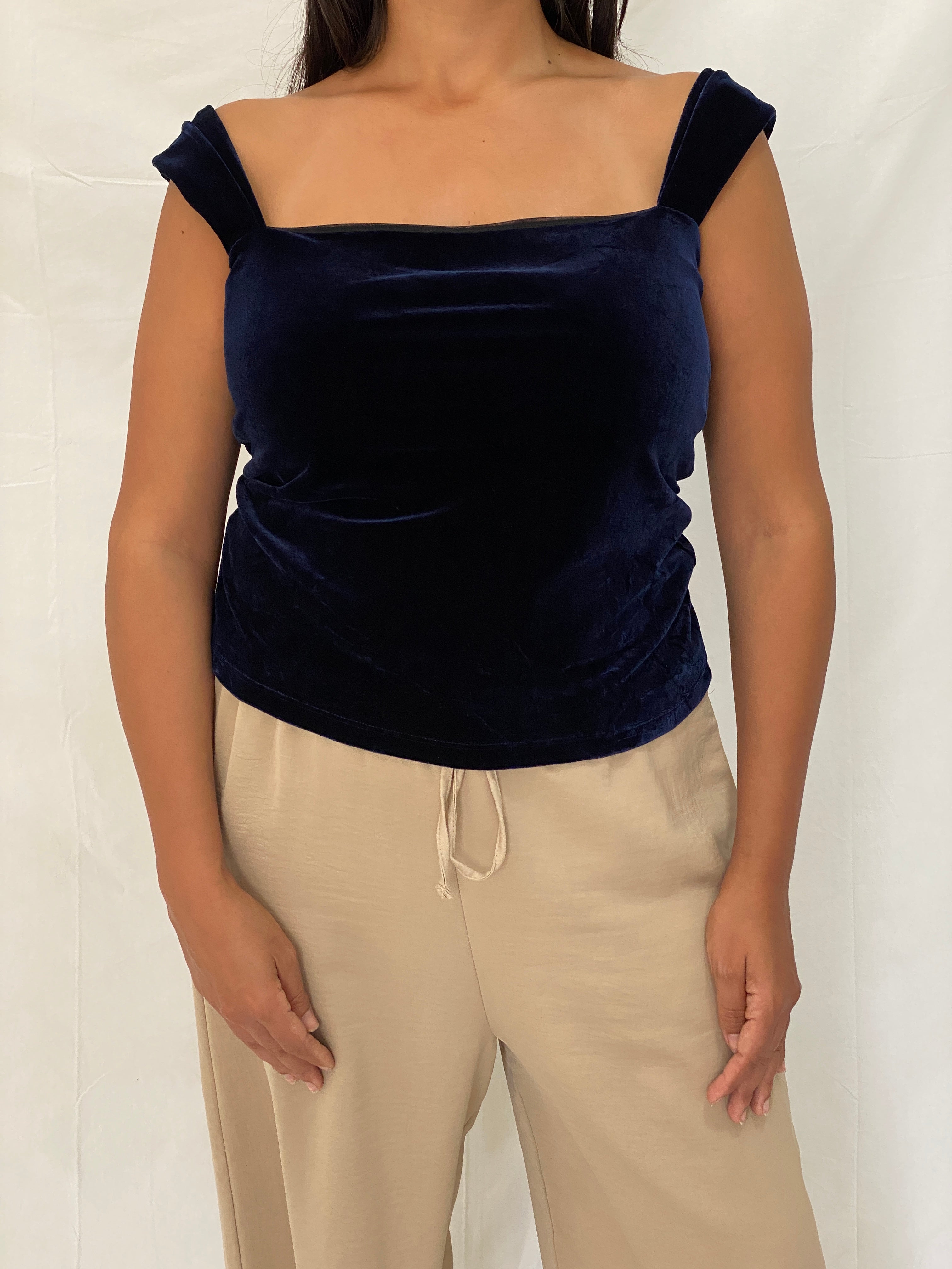 Carla Zampatti Midnight Blue Velvet Evening Off-Shoulder Strap Top - M