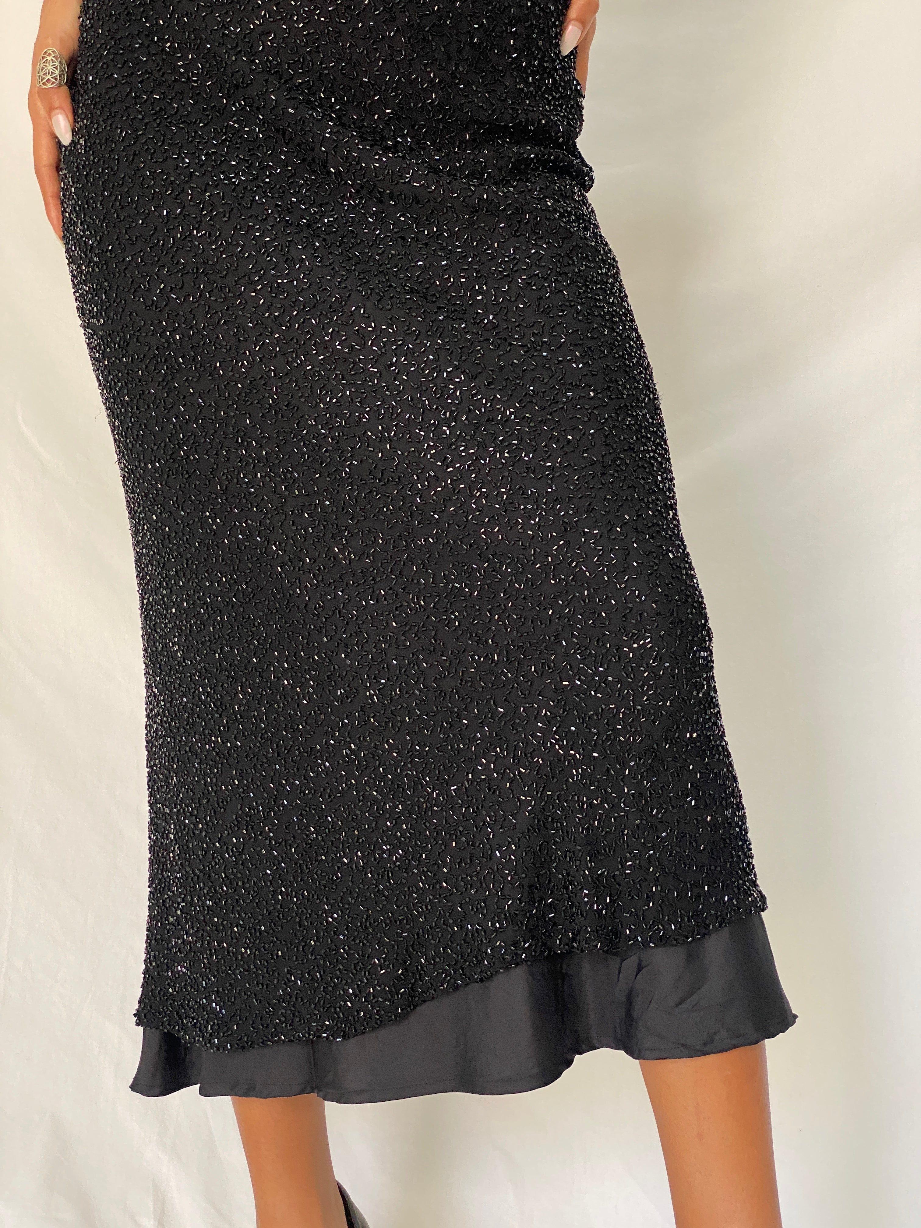 Vintage Y2K Scala Black 100% Silk Beaded Sheer Waist Evening Midi Dress - S