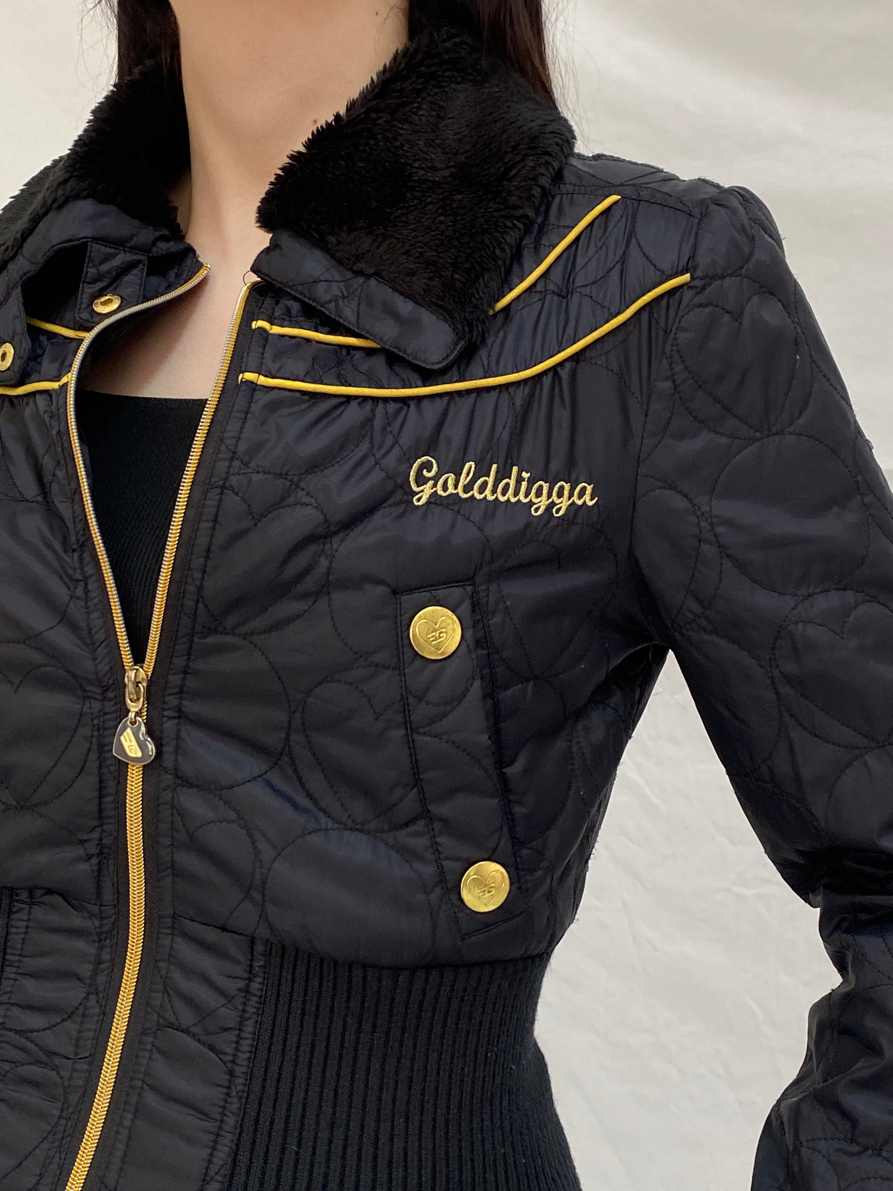 Y2K Core Golddigga Black Cropped Puffer Jacket Faux Fur Collar Gold Details - S