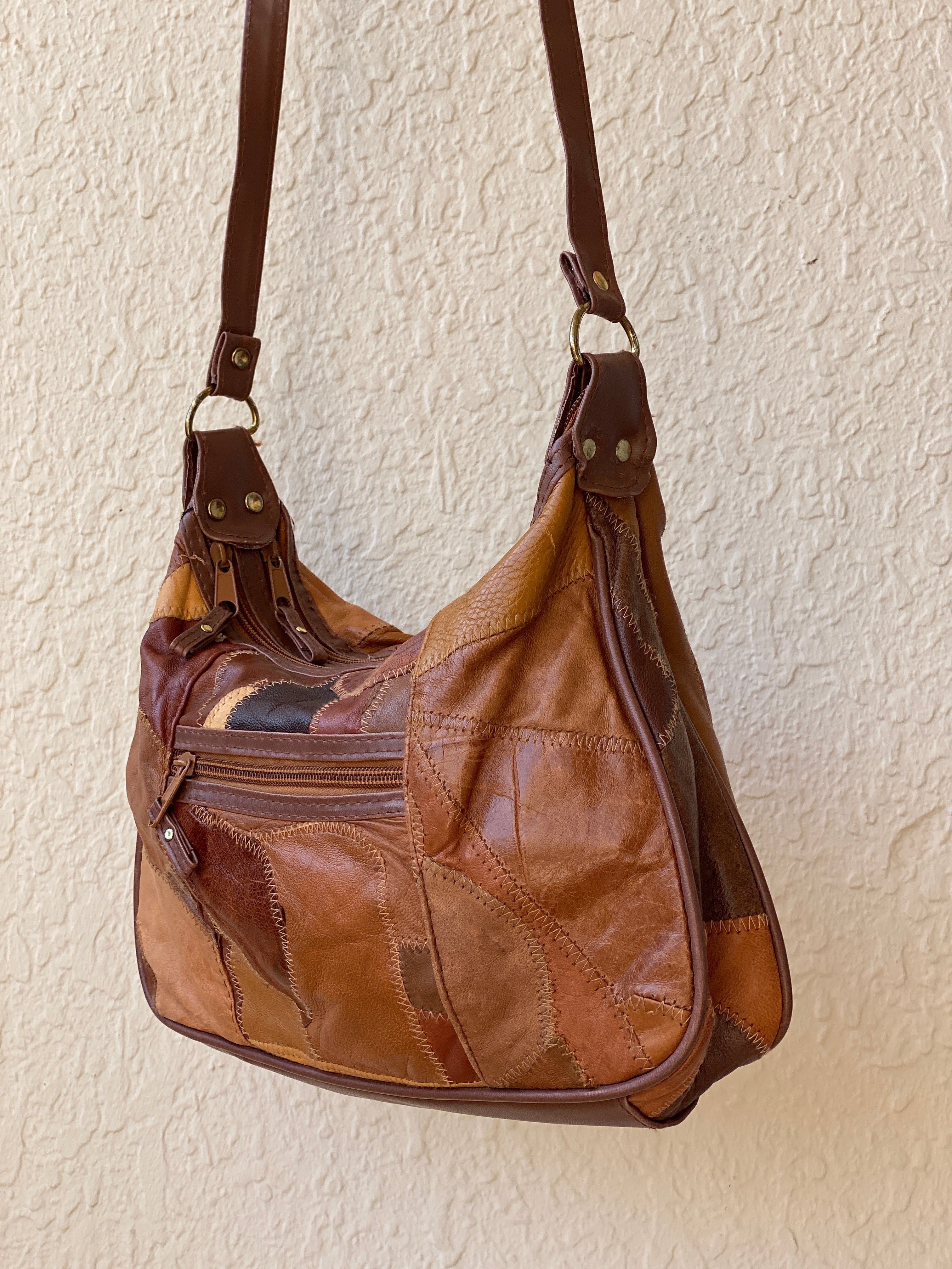 Vintage Brown & Tan Leather Purse Patchwork Crossbody Bag