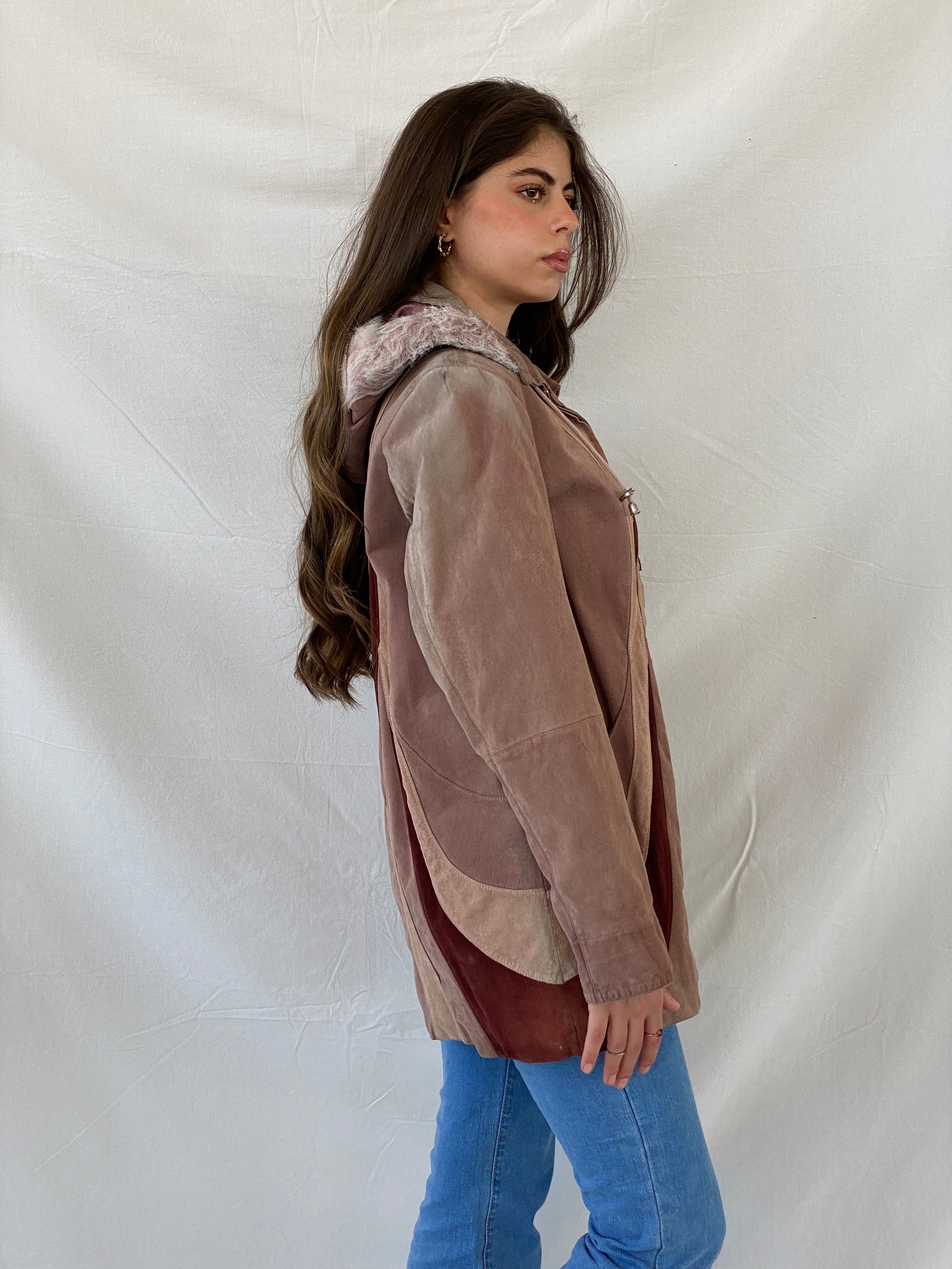 90s Genuine Pink Suede Heavy Zip Up Patched Coat - L