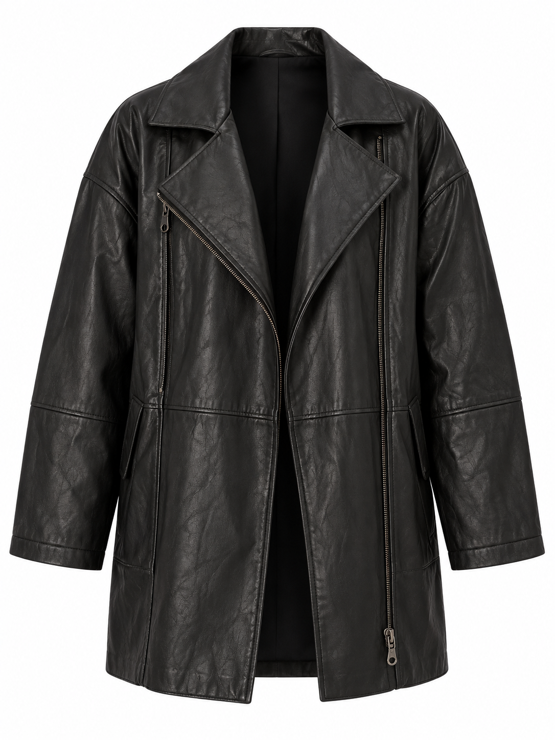 Vintage 90s Genuine Leather Moto Jacket Black Oversized Biker Coat - XL