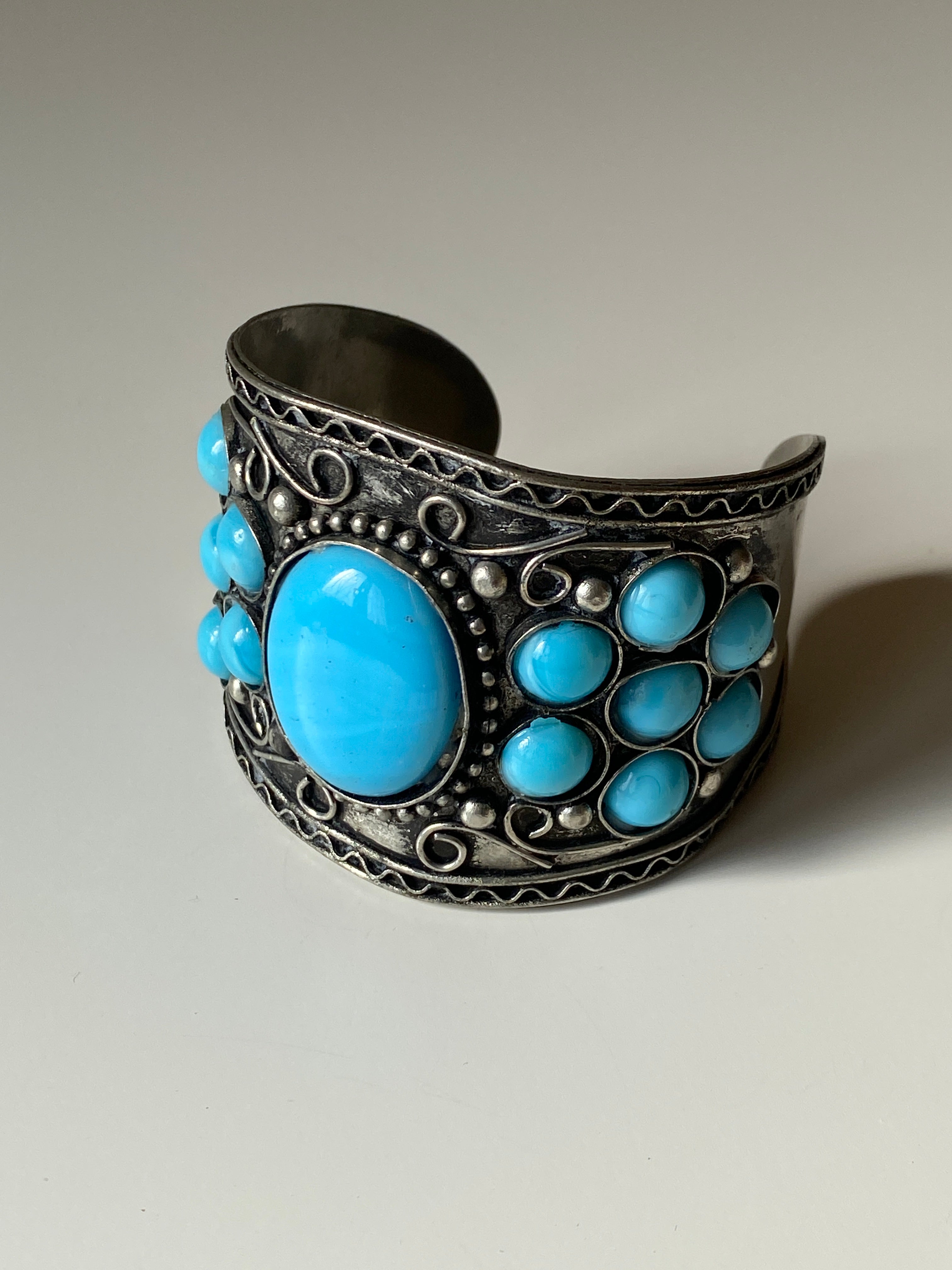 Vintage Silver Turquoise Statement Cuff Wide Boho Tribal Inlay Bracelet