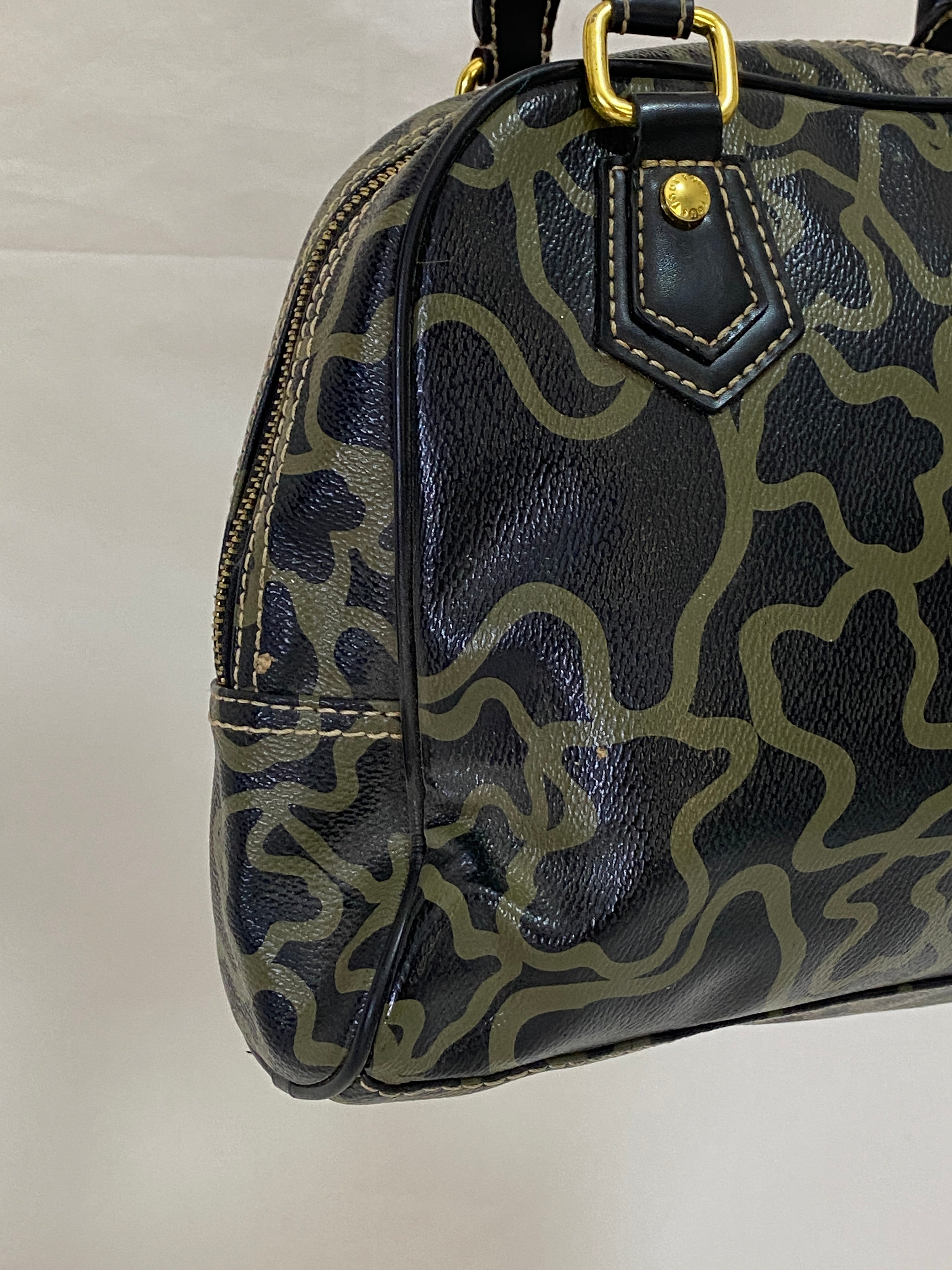 TOUS Kaos Monogram Satchel Bag Black Khaki Bear Logo Bowling Top Handle Purse