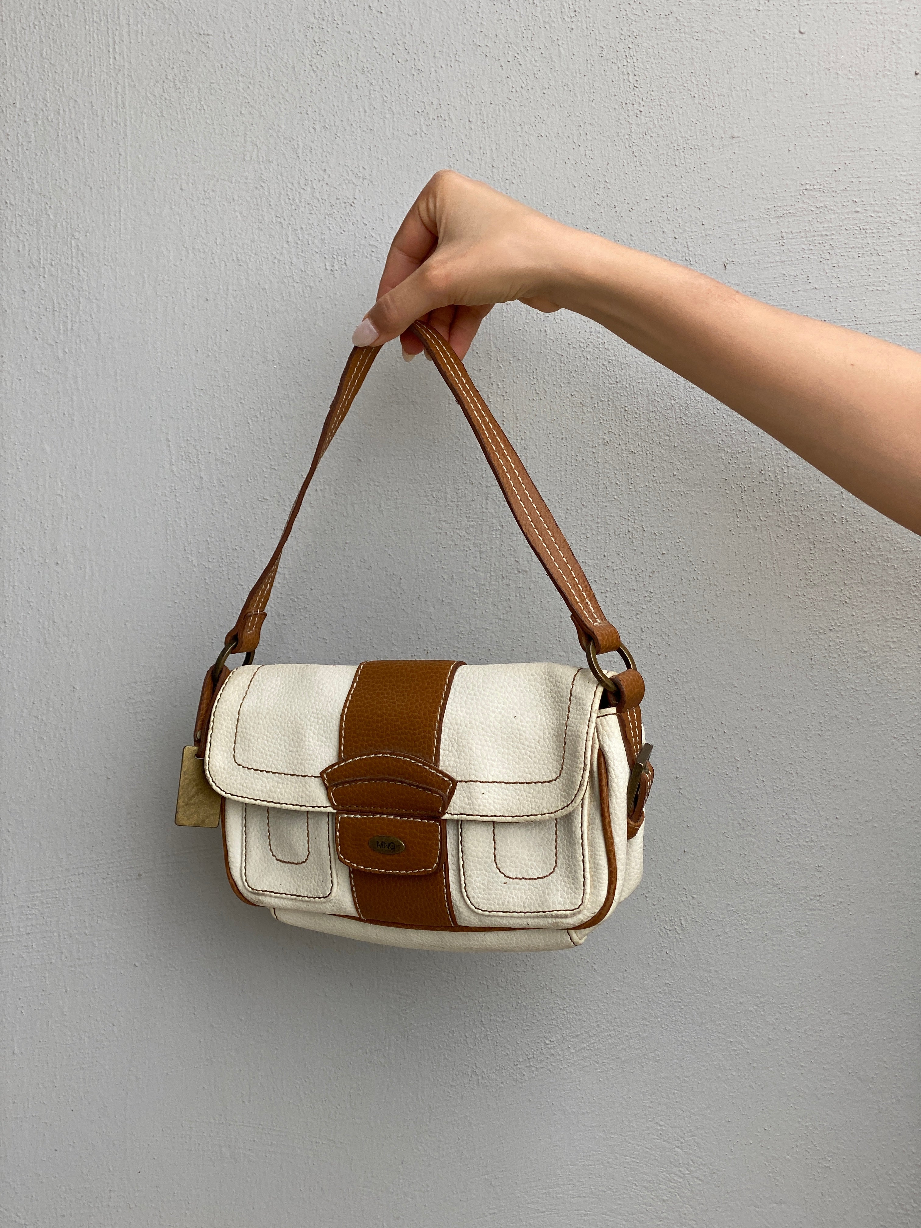 Vintage Y2K Mango Cream & Tan Leather Shoulder Bag Contrast Stitch Flap Mini Bag
