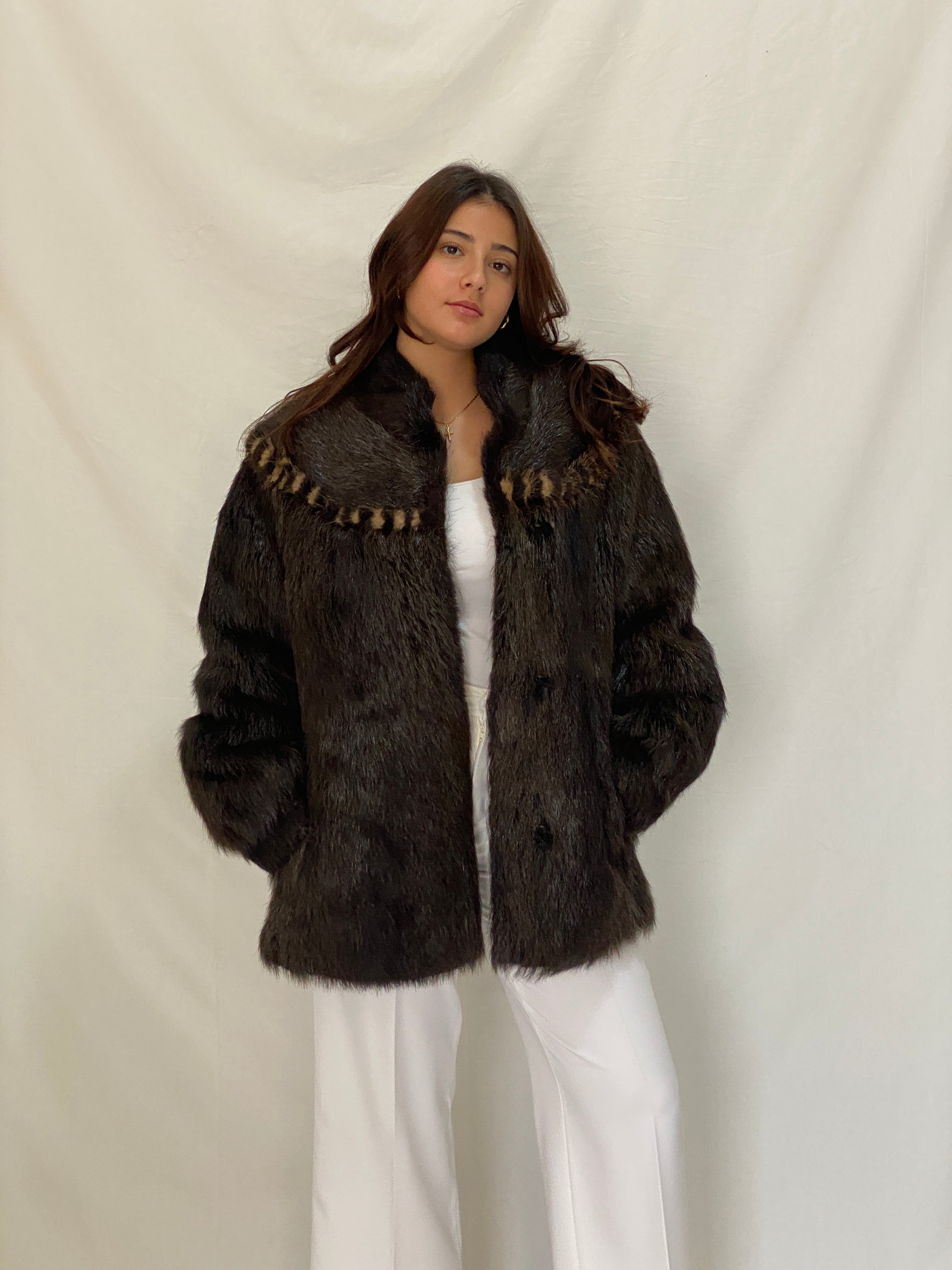 Vintage Real Raccoon Fur Coat Dark Brown Long-Hair Luxury Winter Jacket - L