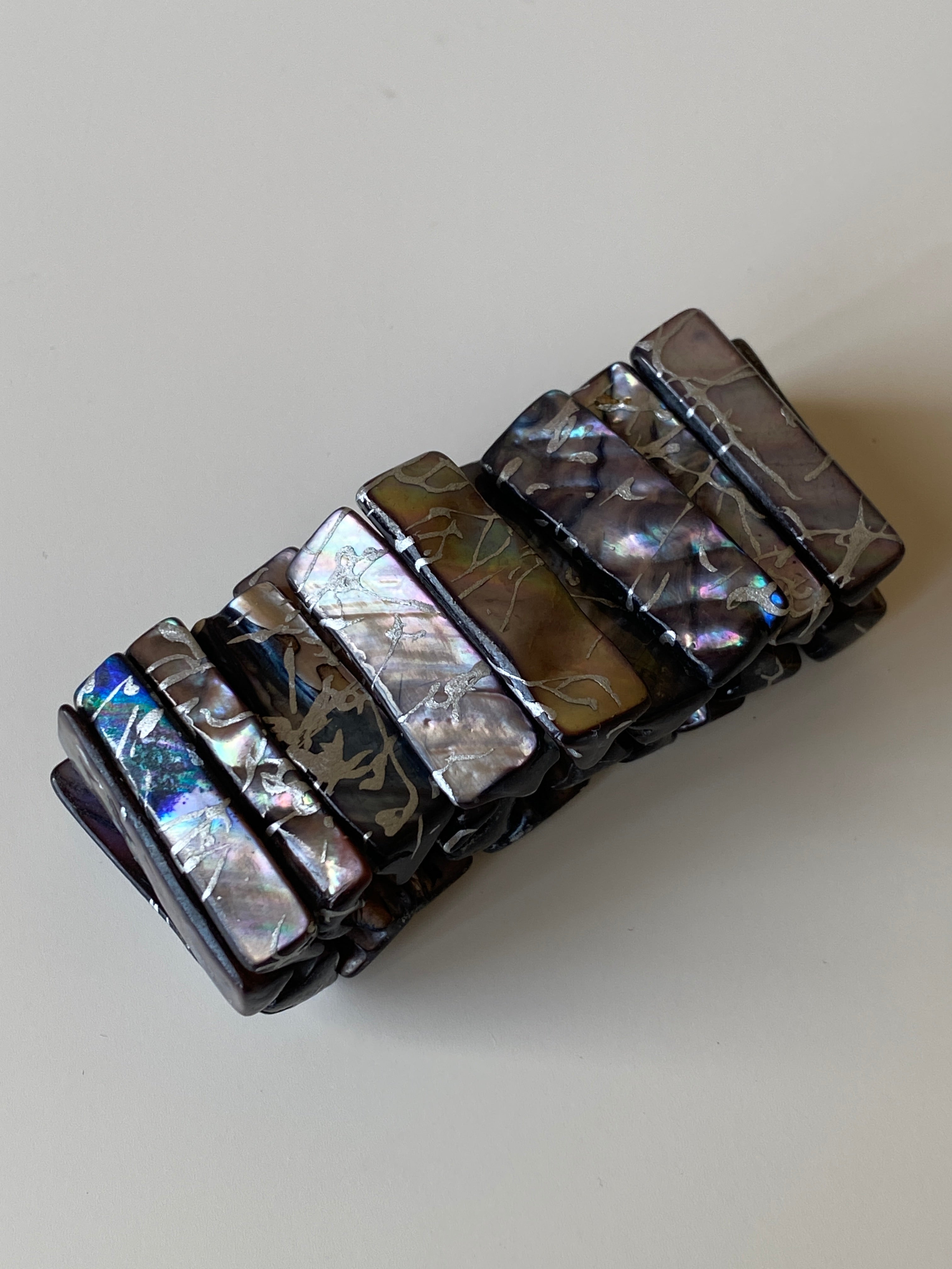 Vintage Abalone Shell Elastic Bracelet Iridescent Mother of Pearl Chunky Statement Bracelet