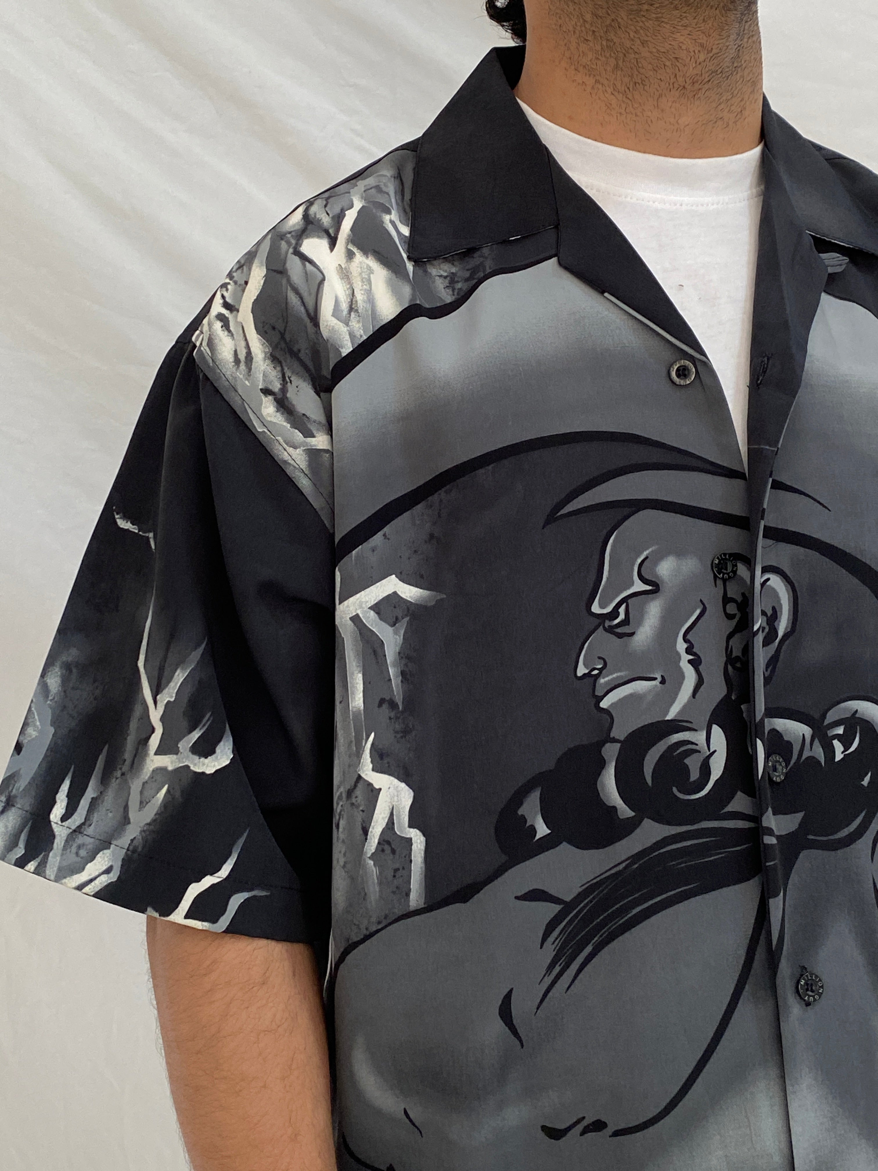 Vintage Y2K Million Guy Anime Graphic Button Up Shirt Black Grey Samurai Manga Shirt - M